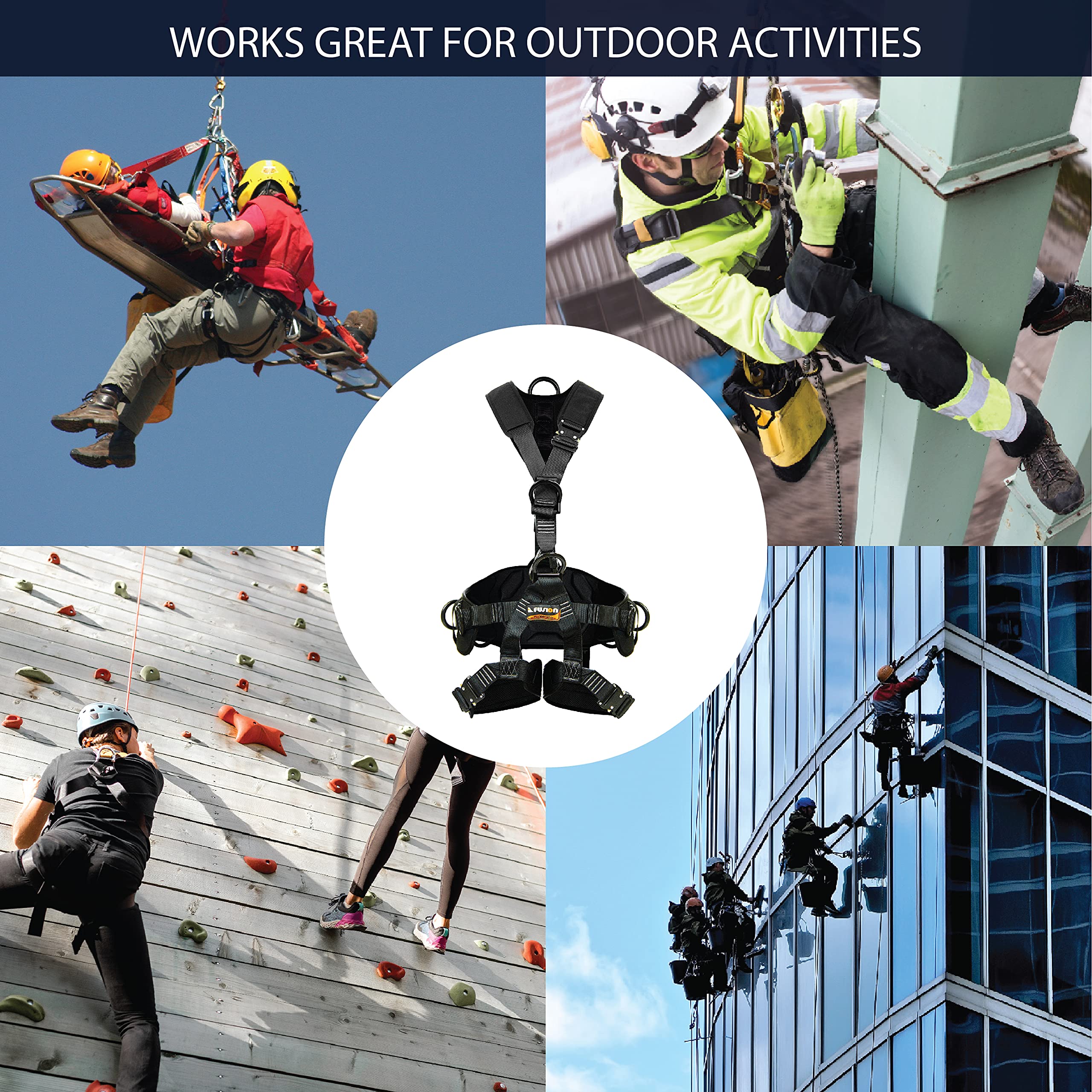 Fusion Climb Tac-Rescue Full Body Safety Harness - 6 D-Ring Points, Quick-Release Steel Buckle, OSHA & ANSI Compliant for Construction, Roofing & Industrial Work