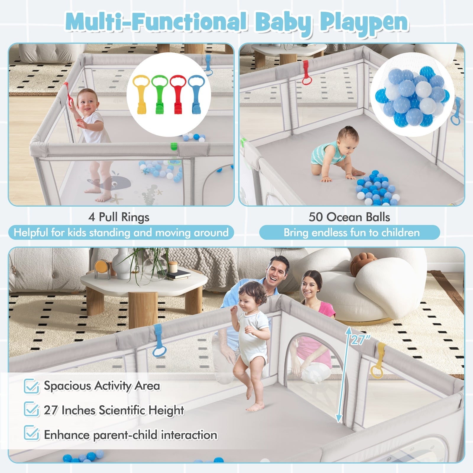 Large Baby Playpen with Pull Rings, Ocean Balls & Cute Whale Pattern - Safe Play Area for Toddlers & Infants - Perfect for Nursery, Living Room or Daycare