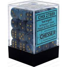 Chessex D6 36 Pack - Teal with Gold Phantom 12mm Pipped Dice Set for Tabletop RPG, Dungeons & Dragons, Board Games, and Collectors