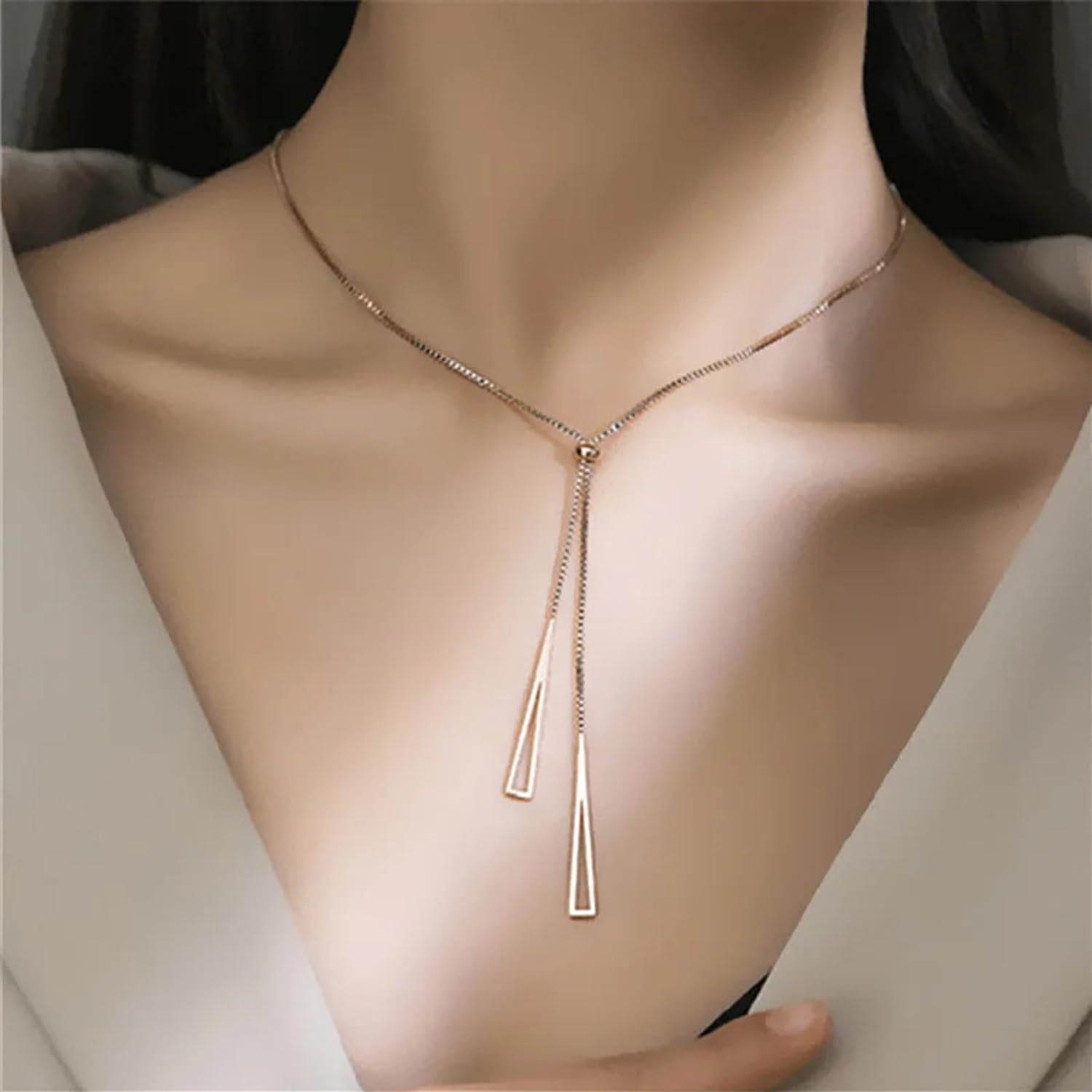 Elegant Silver Chain Necklace for Women - Stainless Steel Rose Gold Long Triangle Pendant Necklace, Perfect Gift for Women & Girls | Ideal for Parties, Dates & Everyday Wear