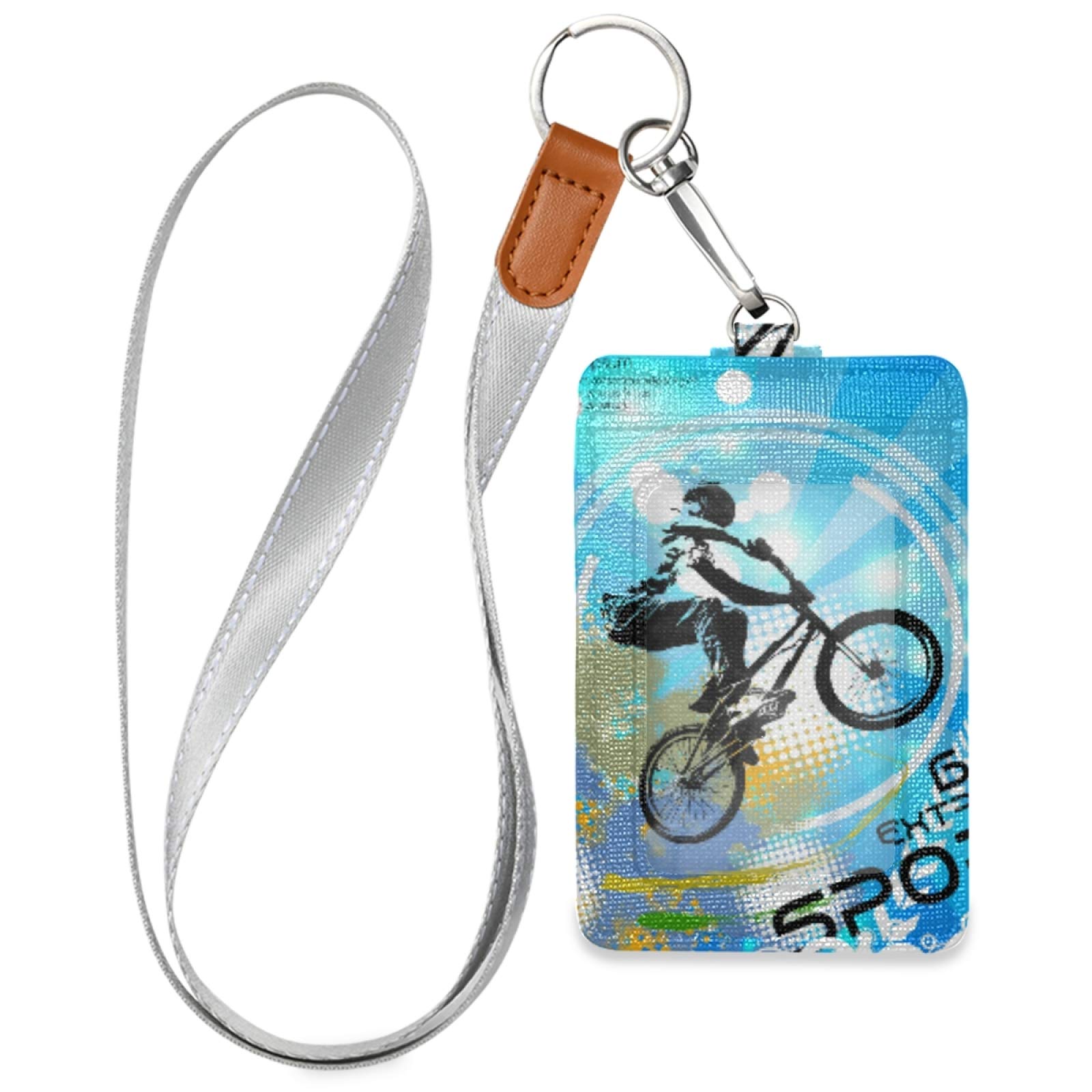 BMX Rider Vertical Leather ID Badge Holder with Lanyard - Office & School Staff Accessory