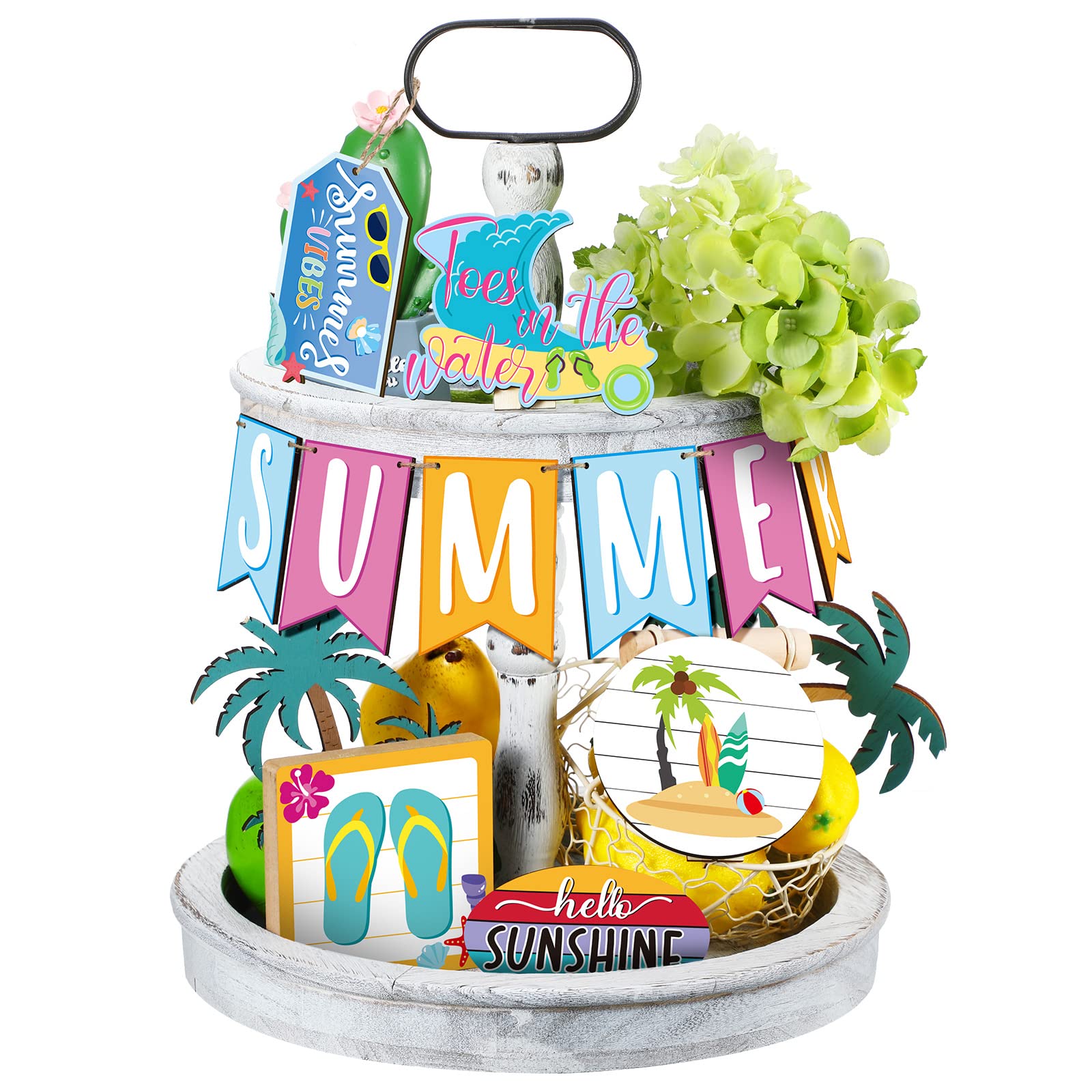11 Pcs Summer Tiered Tray Decor Set - Farmhouse Wooden Signs for Beach Themed Home & Party Decor