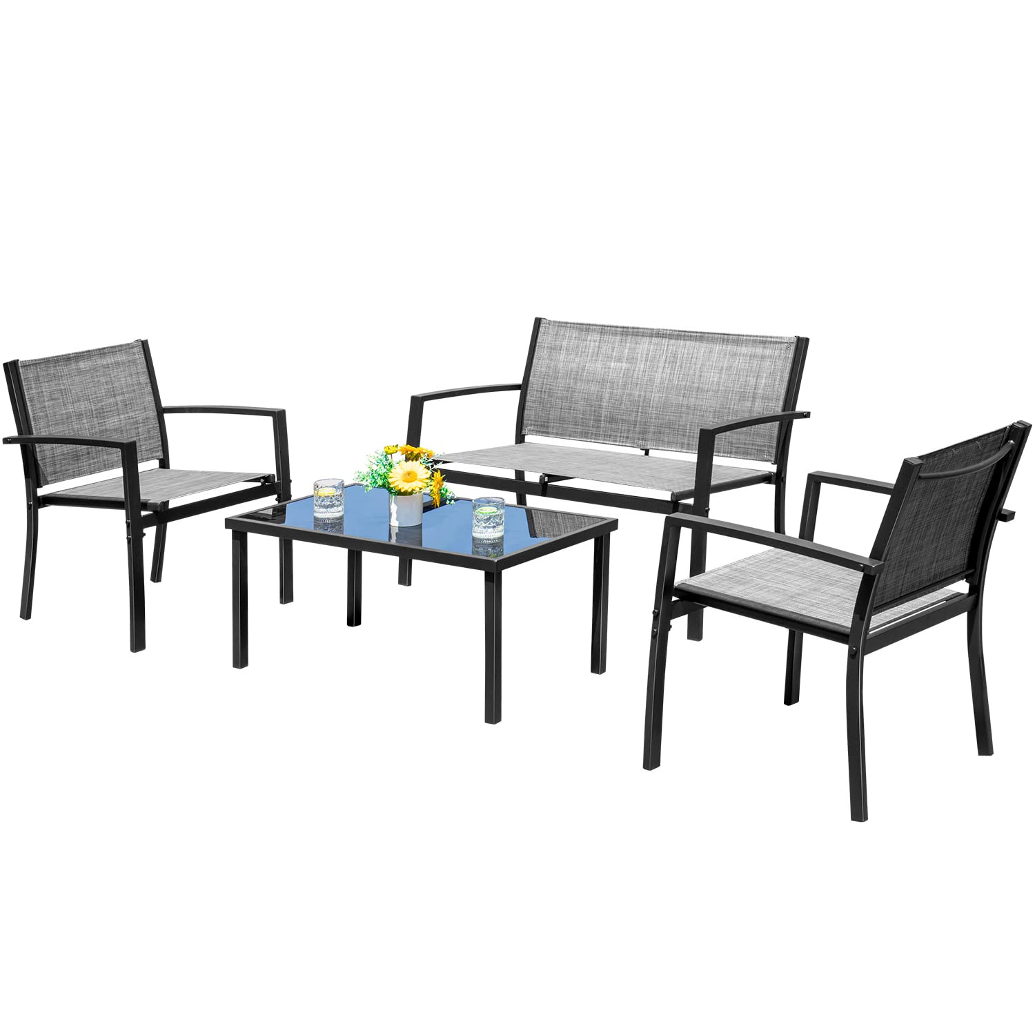 Devoko 4-Piece Outdoor Patio Furniture Set - Grey Wicker Garden Conversation Set with Glass Coffee Table, Weather-Resistant Poolside & Lawn Chairs for Backyard, Porch, Deck or Terrace Relaxation
