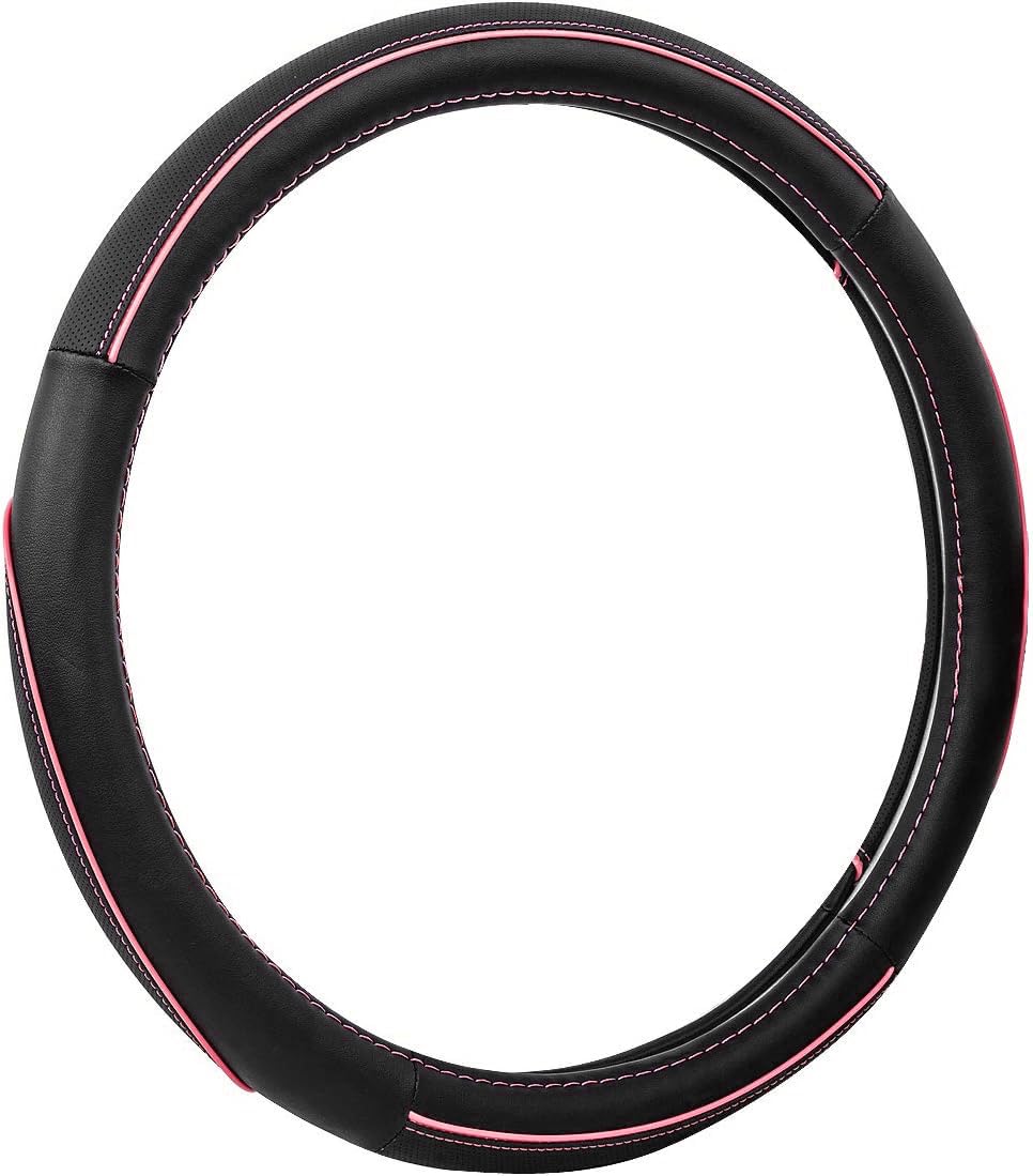 Premium Universal Leather Steering Wheel Cover with Color Piping - Fits 14.5-15 Inch Wheels for SUVs, Vans, Trucks & Sedans (Black & Pink) - Enhance Grip & Comfort for Daily Commutes & Road Trips
