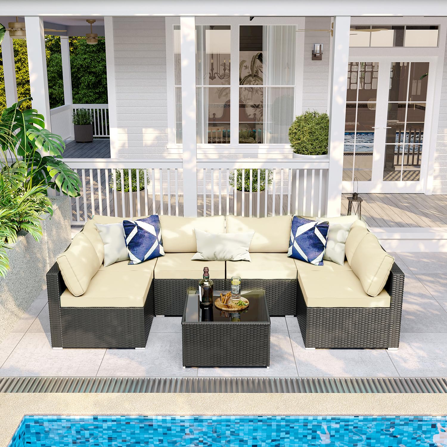 7-Piece Outdoor Patio Furniture Set - Wicker Rattan Sectional Sofa with Cushions & Glass Table, Modular Conversation Set for Porch, Poolside, Backyard, Garden - Perfect for Relaxing & Entertaining Outdoors