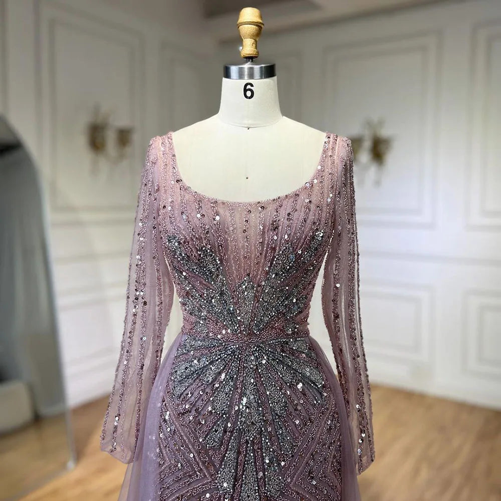 Elegant Pink Beaded Mermaid Evening Dress with Overskirt Split for Women - Luxury Wedding Party Gown 2025 | Perfect for Prom, Red Carpet & Formal Events - LA72431