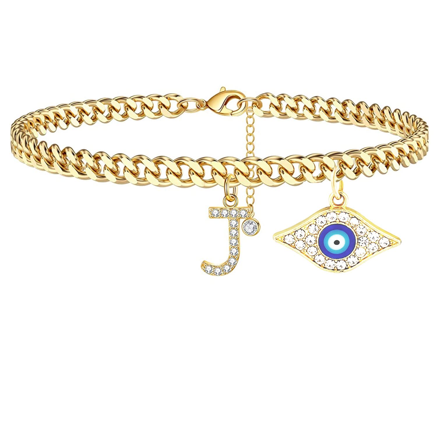 18K Gold Plated Dainty Cuban Link CZ Initial Anklet for Women - Evil Eye Protection Ankle Bracelet, Summer Jewelry Gift for Teen Girls & Women - Perfect for Beach Vacations, Date Nights & Everyday Wear
