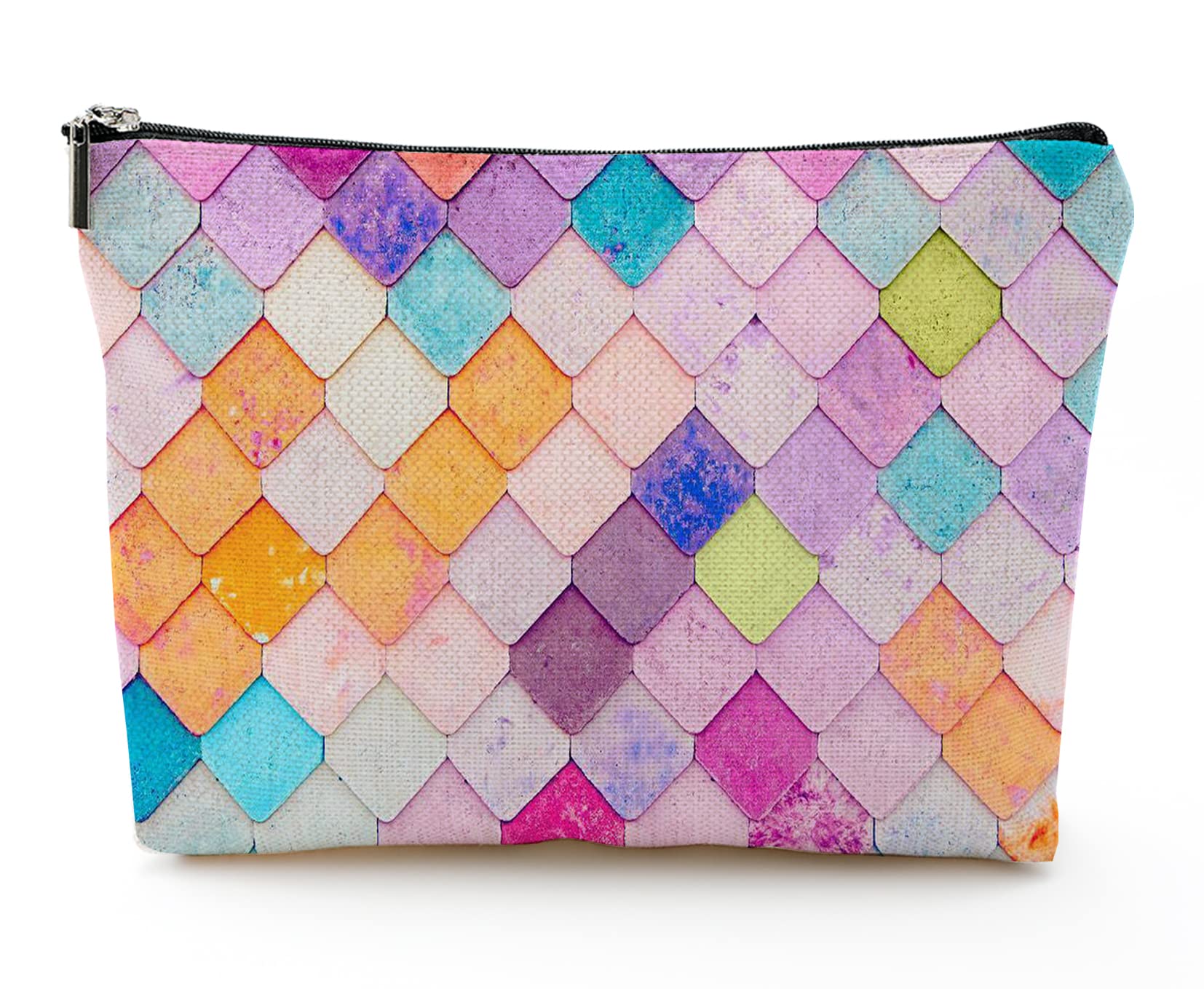 Large Travel Makeup Bag for Women - 7x10in Cosmetic Organizer with Zipper Pouch, Colorful Squares Design | Perfect for Toiletries, Makeup Storage & Weekend Getaways