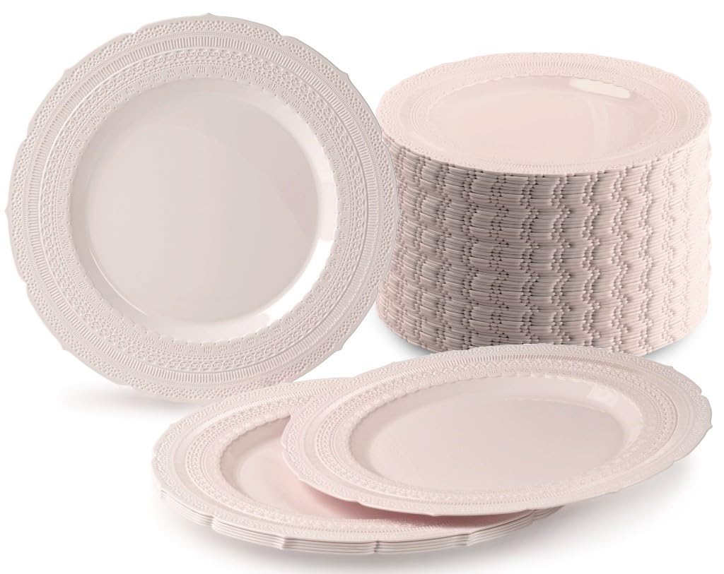 240-Pack Heavyweight Vintage Disposable Plastic Plates - 8.25'' Appetizer & Dessert Plates in Chateau Blush Pink for Weddings, Parties & Special Occasions | Elegant & Durable Tableware for Catering, BBQs & Family Gatherings