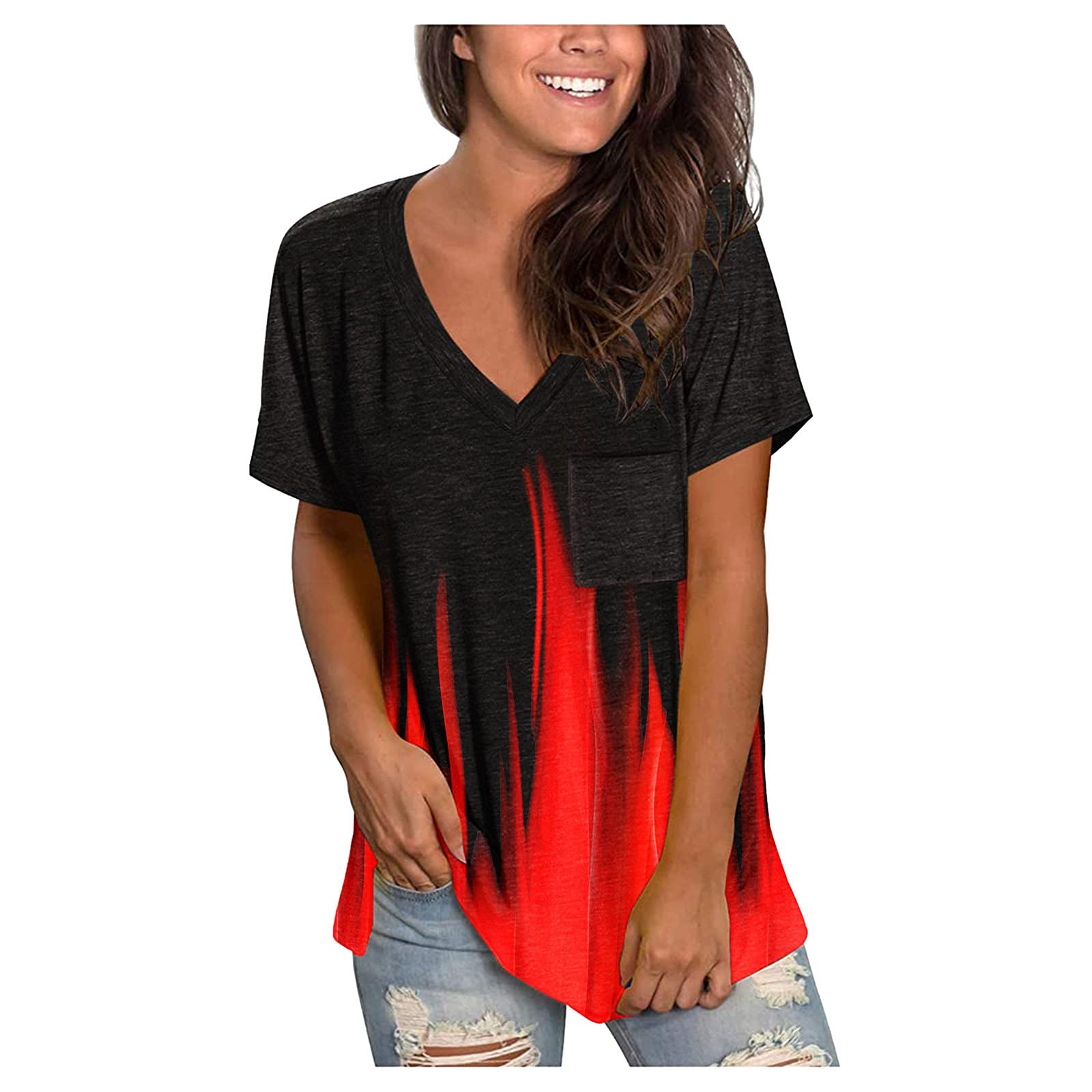 Women's Summer V-Neck T-Shirt - Dolphin Whale Cat Sunflower Tie Dye Pattern Casual Loose Fit Tee | Beachwear, Vacation Outfits & Everyday Comfort