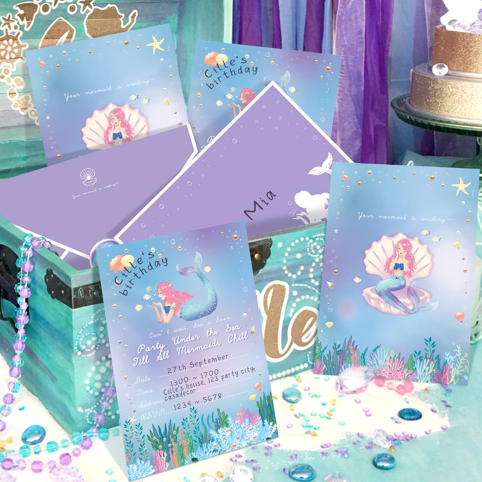 Little Mermaid Party Invitation Cards 12-Pack - Under the Sea Birthday Decorations for Girls with Ocean Coral, Starfish, Fish & Shellfish - Perfect for Baby Showers, Weddings & Themed Birthday Parties