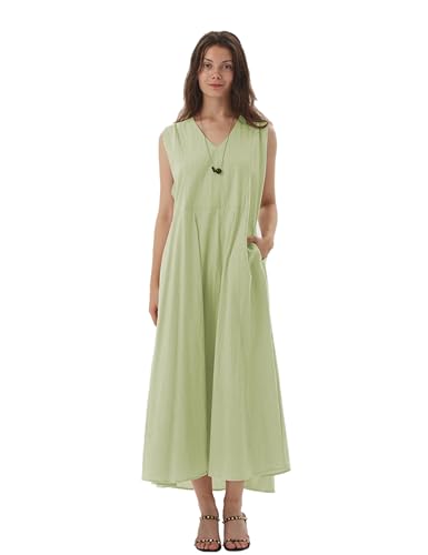 Light Green Linen Summer Dress - Sleeveless V-Neck Minimalist Casual Solid Dress for Women | Perfect for Beach Vacations, Brunch Dates & Summer Outings (Size S)