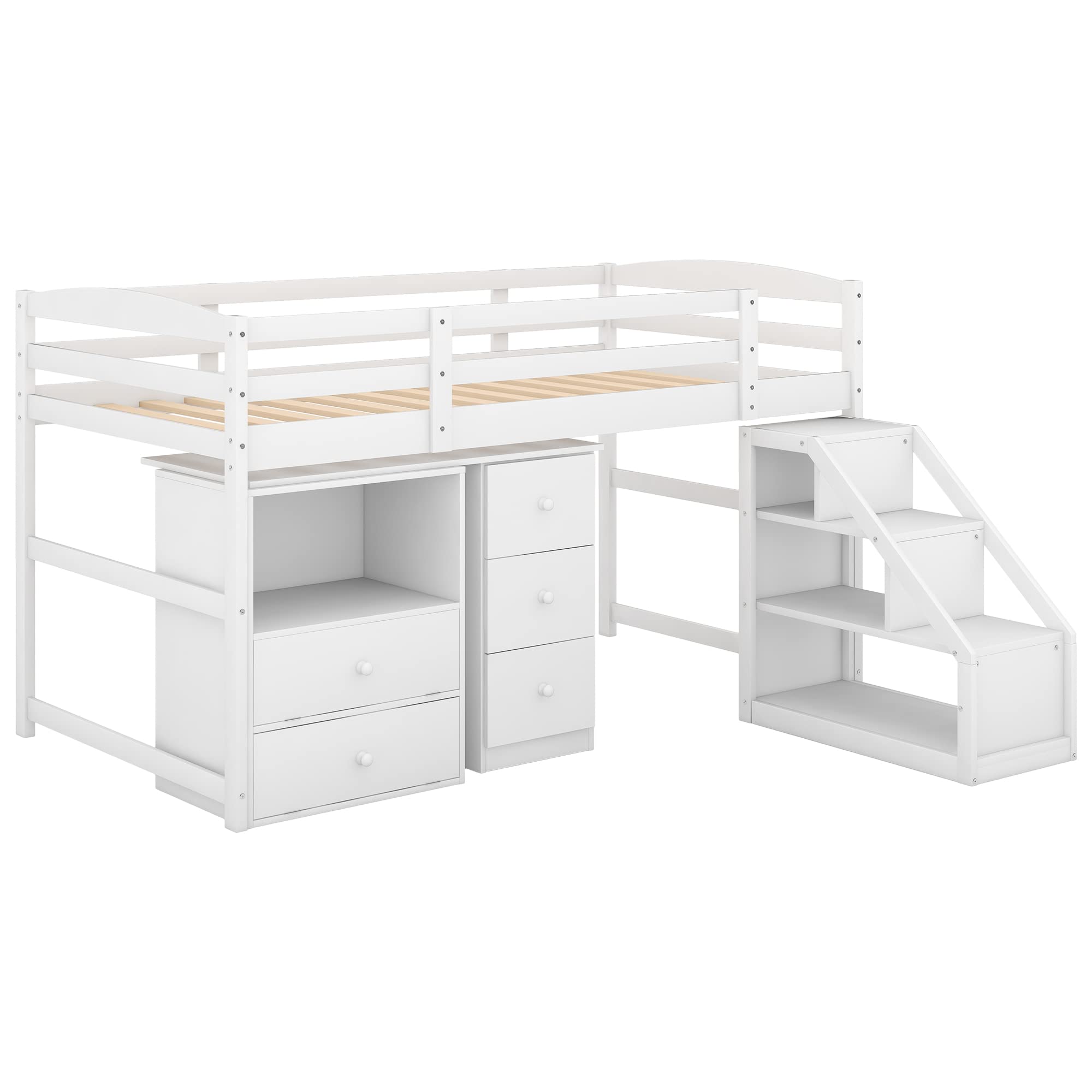 Twin Size Loft Bed with Built-in Desk & Staircase - Space Saving White Wooden Bunk Bed for Kids & Teens - Perfect for Small Bedrooms, Dorms & Studio Apartments