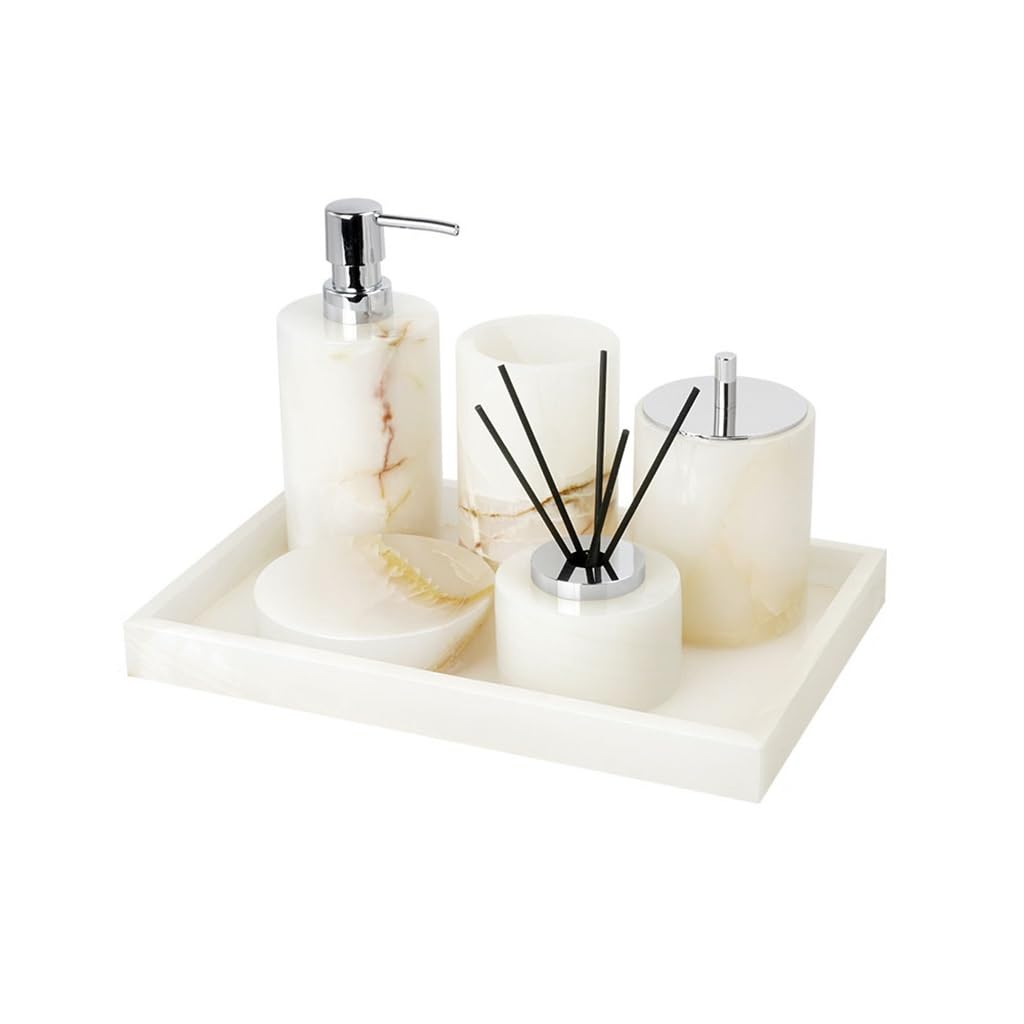 White Marble Bathroom Accessories Set - Soap Dispenser, Tissue Box Holder & Aromatherapy Tray for Modern Vanity Decor | Spa-Like Luxury for Home & Hotel Bathrooms