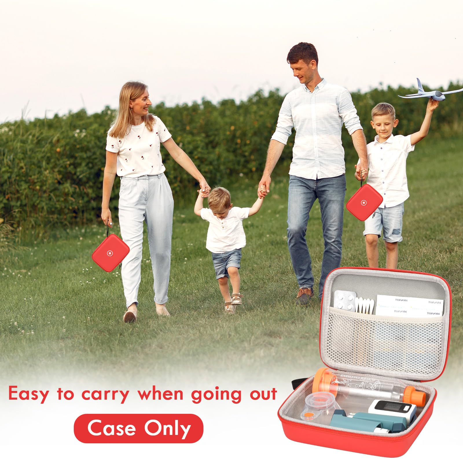 **Fukumi Hard Travel Case for Asthma Inhaler & Spacer - Portable Storage Organizer for Kids & Adults - Holds Masks, Medicine & Accessories with Mesh Pocket - Ideal for Travel, School & Daily Use - Red (Case Only)**