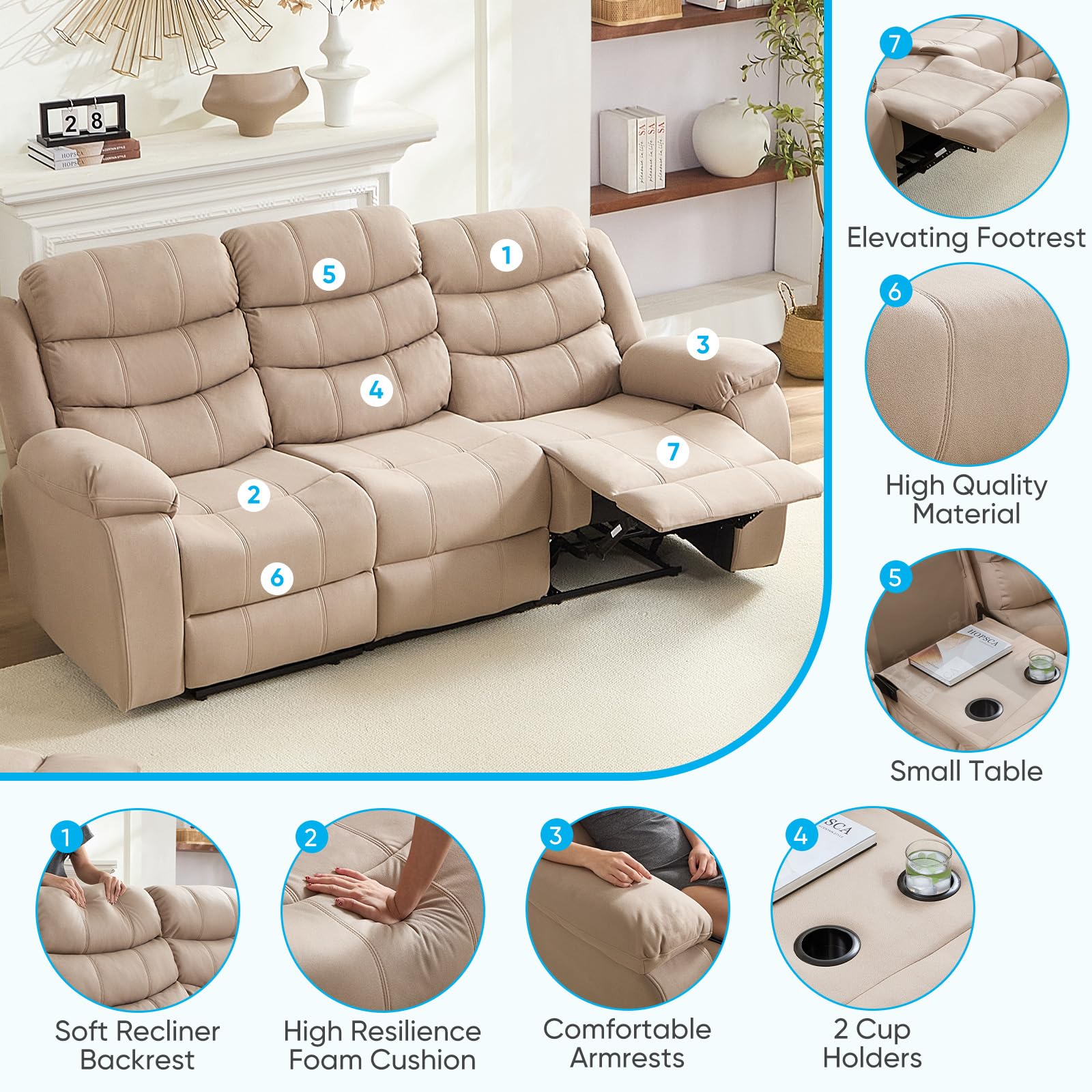 Mjkone 5-Piece Home Theater Seating Set - Manual Reclining Sofa with Cup Holders & Storage Console - 3-Seat Couch with Flip-Up Armrest + 2-Seat Loveseat - Beige Fabric Living Room Furniture for Movie Nights & Family Gatherings