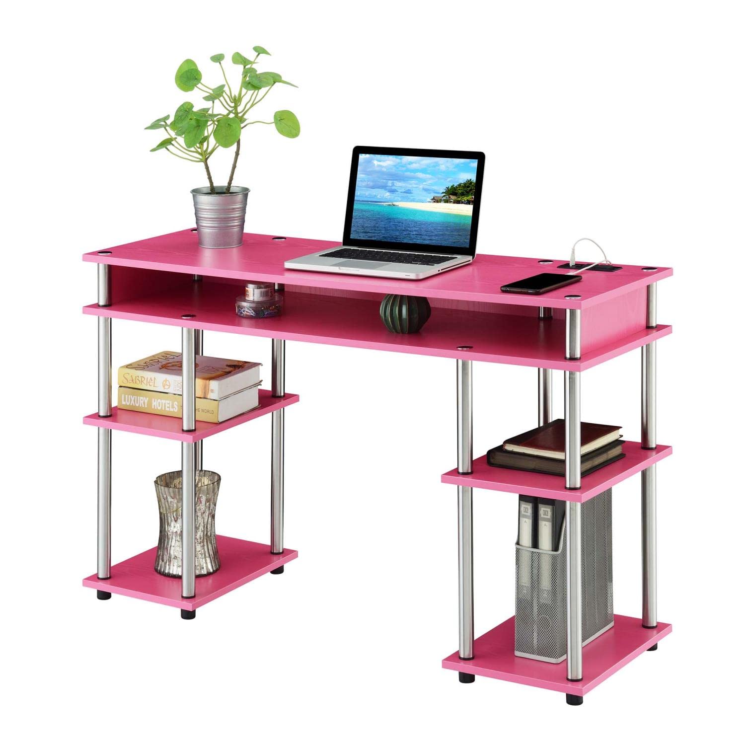 Convenience Concepts Designs2Go No Tools Student Desk with Charging Station & Shelves - Pink Study Desk for Kids, Teens & Dorm Rooms | Perfect for Homework, Online Classes & Small Spaces