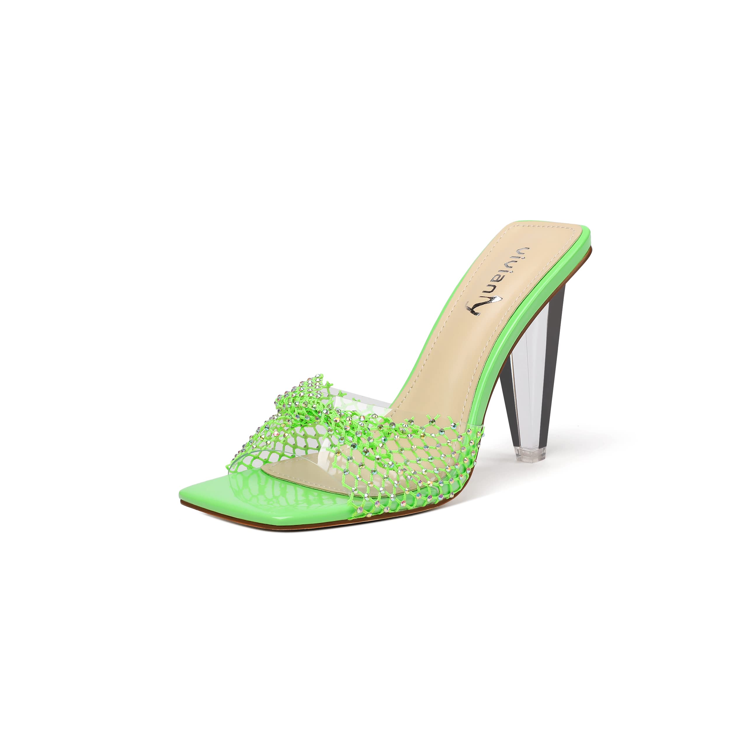 Vivianly Women's Clear High Heel Sandals with Rhinestones - Mesh Transparent Block Heel Square Toe Fishnet Straps Slides - Perfect for Parties, Weddings & Evening Events