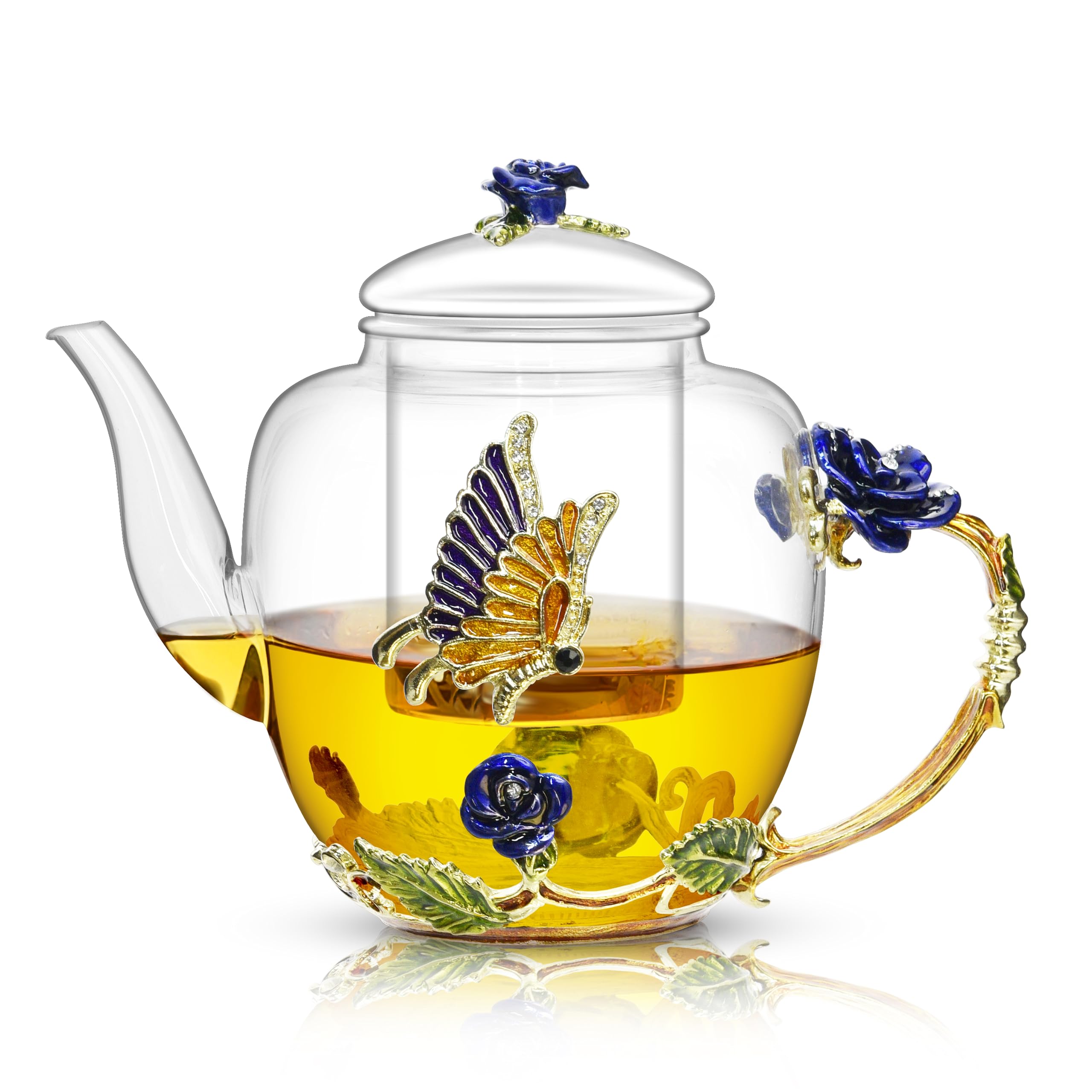46oz/1300ml Blue Rose Enamel Glass Teapot with Infuser & Lid - Floral Butterfly & Gold Trim Design - Perfect Gift for Mom, Women, Mother's Day & Birthday - Ideal for Tea Parties, Afternoon Tea & Home Decor