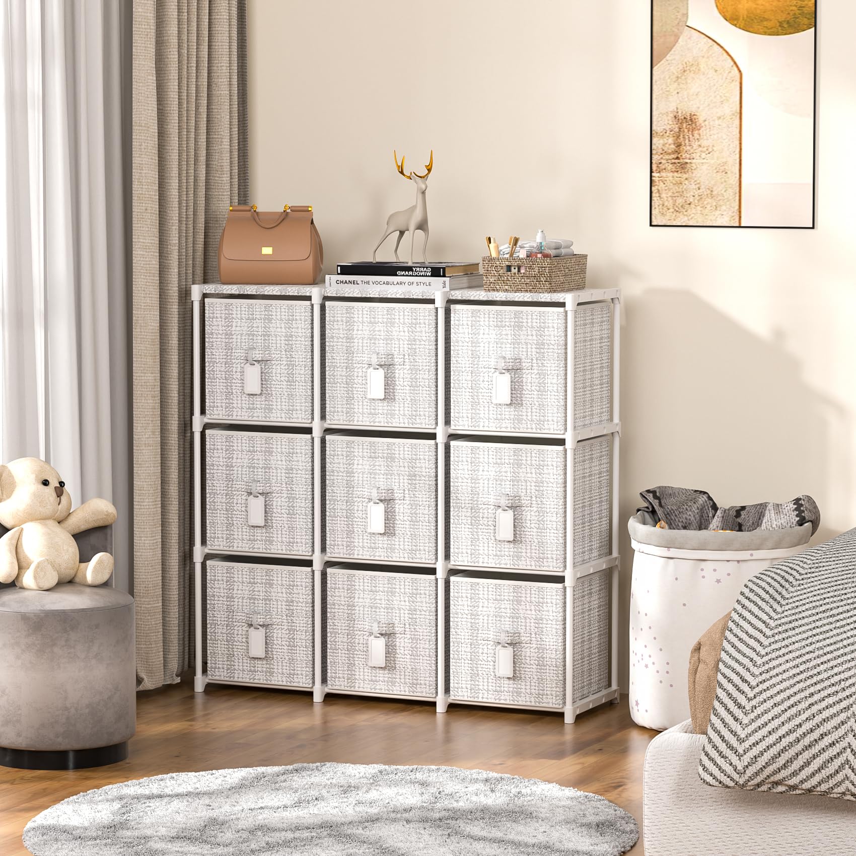 9 Cube Storage Organizer with Printed Drawers - White Toy Cubby Shelf for Kids Room, Closet, Living Room & Dorm - Perfect for Organizing Toys, Books & Home Decor