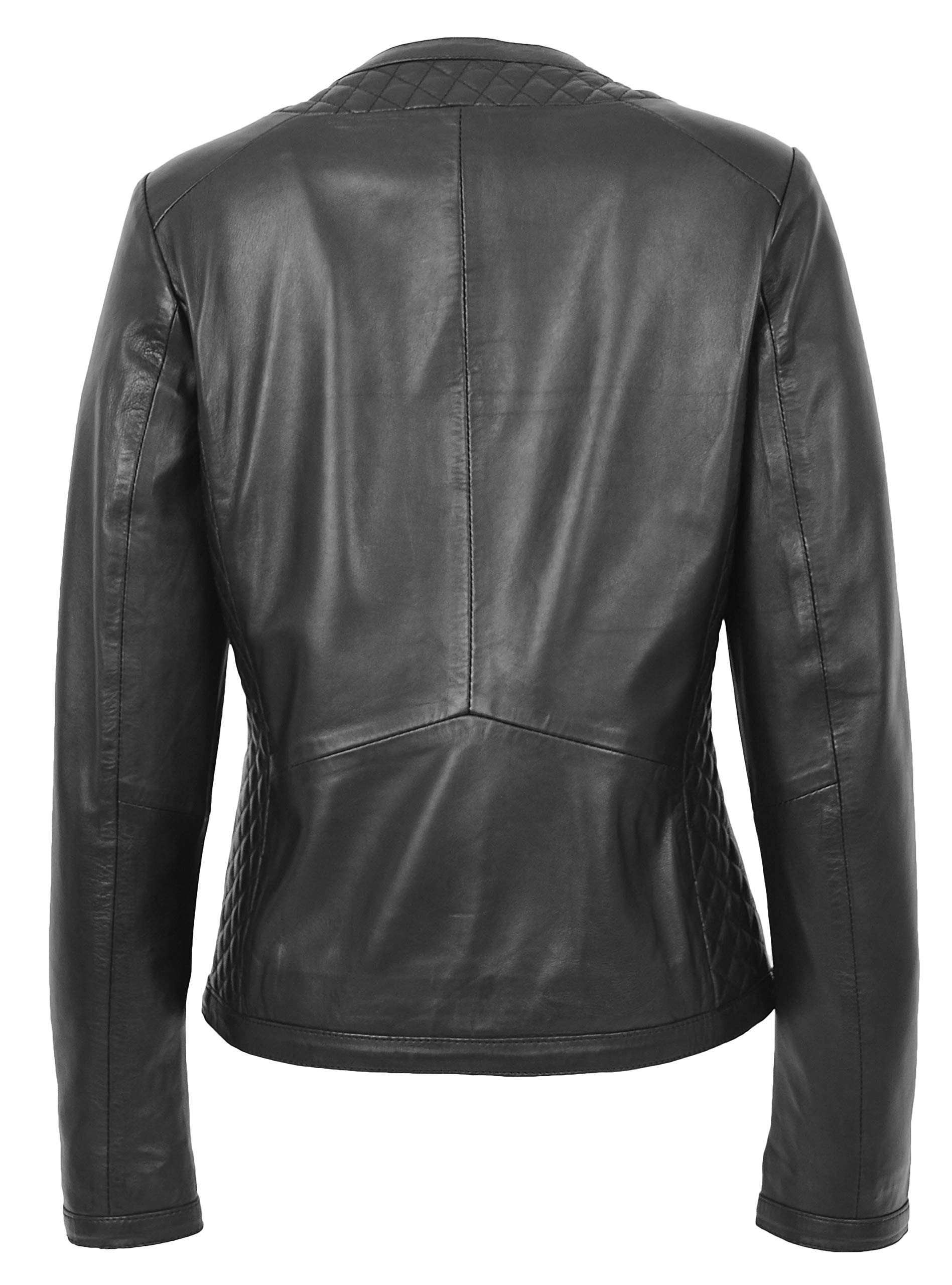Women's Collarless Soft Black Leather Jacket - Biker Style Fitted Quilted Stitch Design for Motorcycle Riding & Casual Outfits