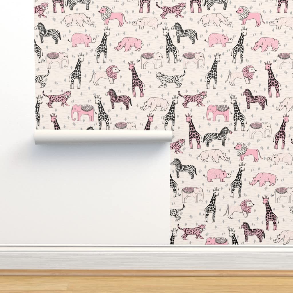 12ft x 2ft Peel & Stick Removable Wallpaper - Jungle Safari Theme with Cute Pink & Cream Animals for Baby Nursery & Girls Room Decor | Perfect for Nursery Walls, Kids Bedroom, Playroom & DIY Home Decor