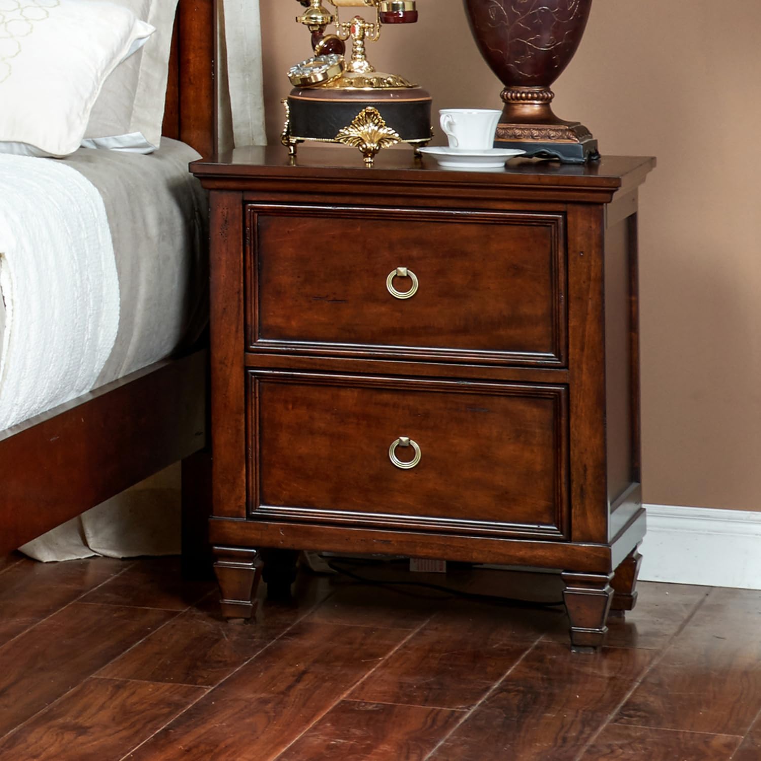 Tamarack Wood 2-Drawer Nightstand - Classic Brown Cherry Bedside Table for Bedroom | Rustic Wooden Nightstand with Storage Drawers | Perfect for Small Spaces & Apartment Living