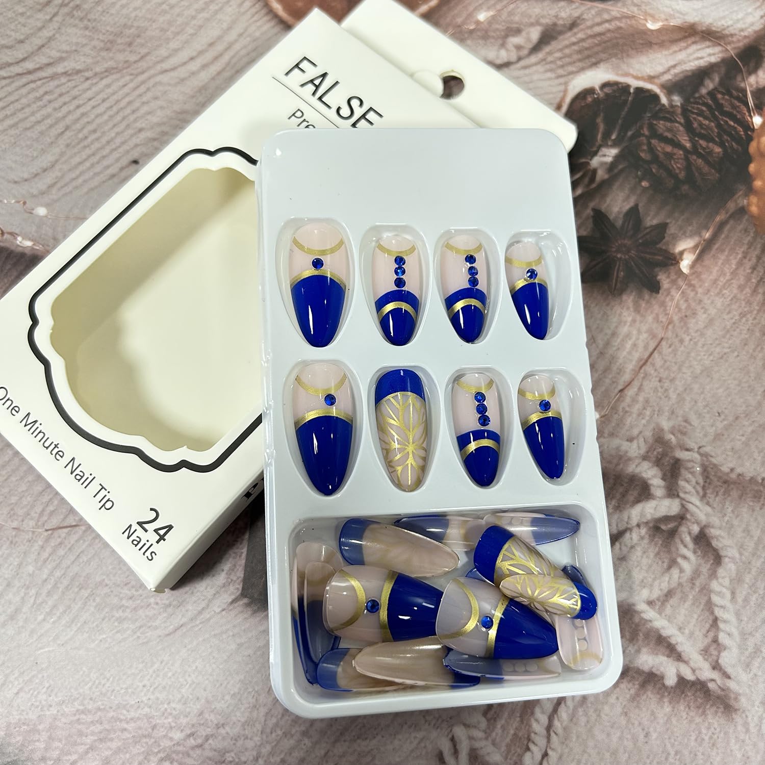 Blue Press on Nails with Rhinestones & Gold Foil - Medium Almond Shaped Acrylic Fake Nails Set | Glossy Coffin French Tip Artificial Nails with Glue | Perfect for Parties, Weddings & Special Occasions