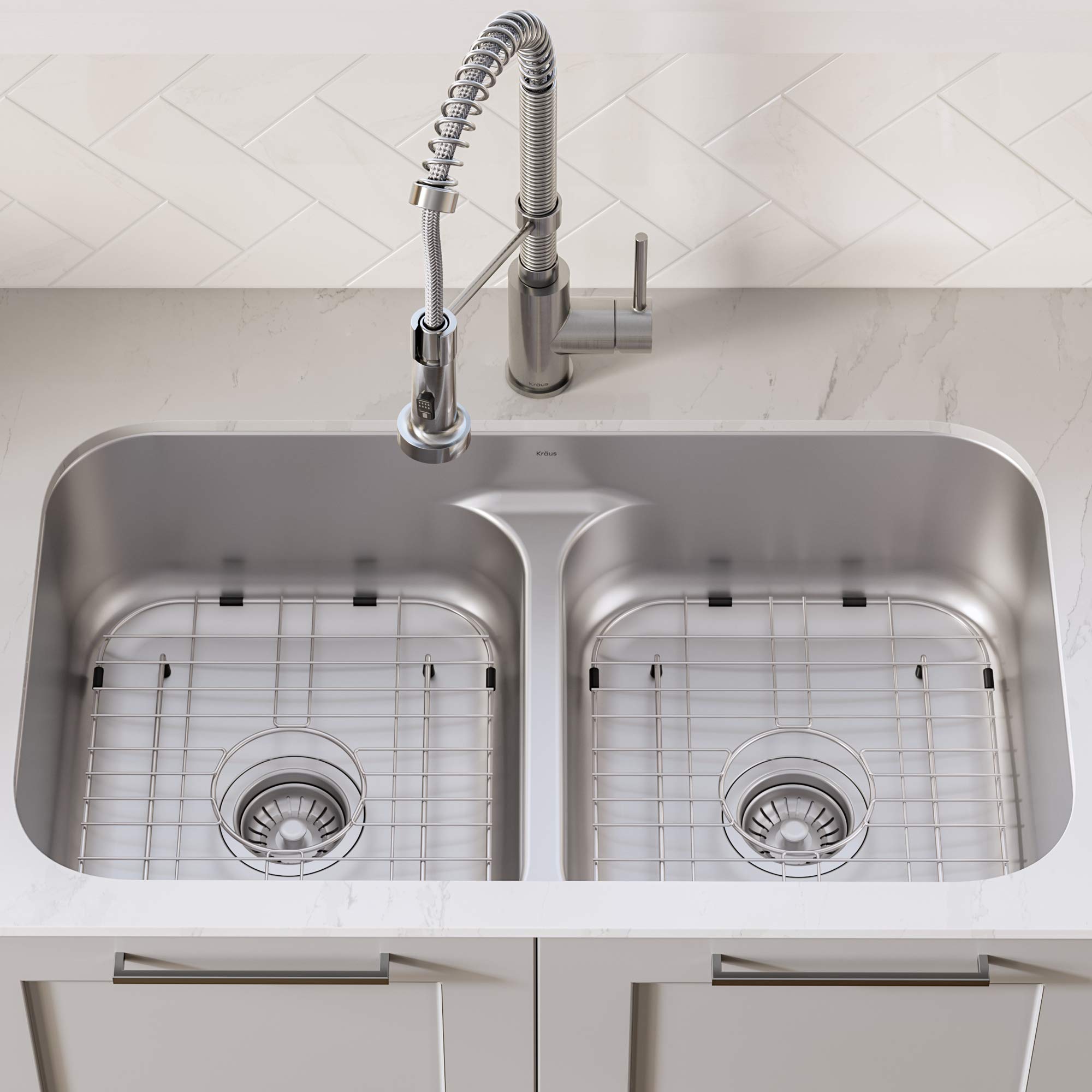 KRAUS KCA-1200 33-inch 16 Gauge Undermount Stainless Steel Kitchen Sink with 18-inch Pull-Down Commercial Style Faucet, Spot Free Finish - Perfect for Modern Home Kitchens and Restaurant-Style Cooking Spaces