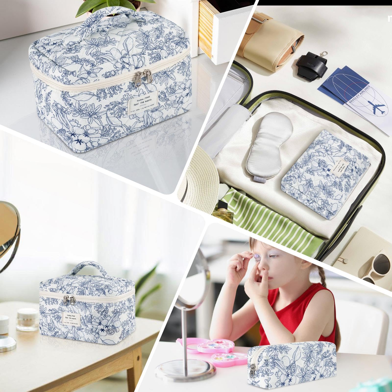 Quilted Makeup Bag Set - 3 Piece Cotton Floral Cosmetic Organizer for Women | Large Travel Toiletry Pouch | Perfect for Travel, Gym, and Daily Beauty Essentials Storage