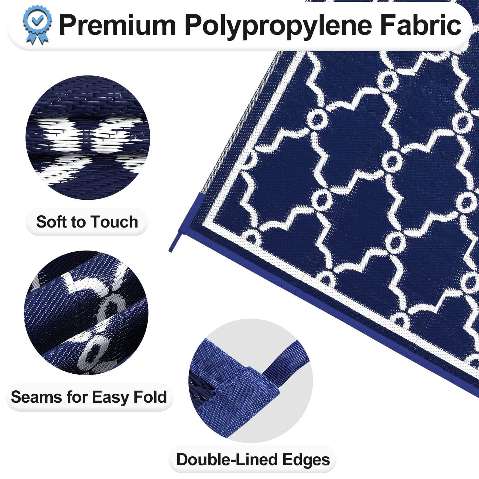 Outdoor Reversible Rug 9x12 ft - Waterproof Plastic Patio Carpet, UV & Stain Resistant RV Mat, Straw Weave Moroccan Navy & White - Perfect for Camping, Backyard, Deck, Picnic, Porch, RV & Outdoor Decor