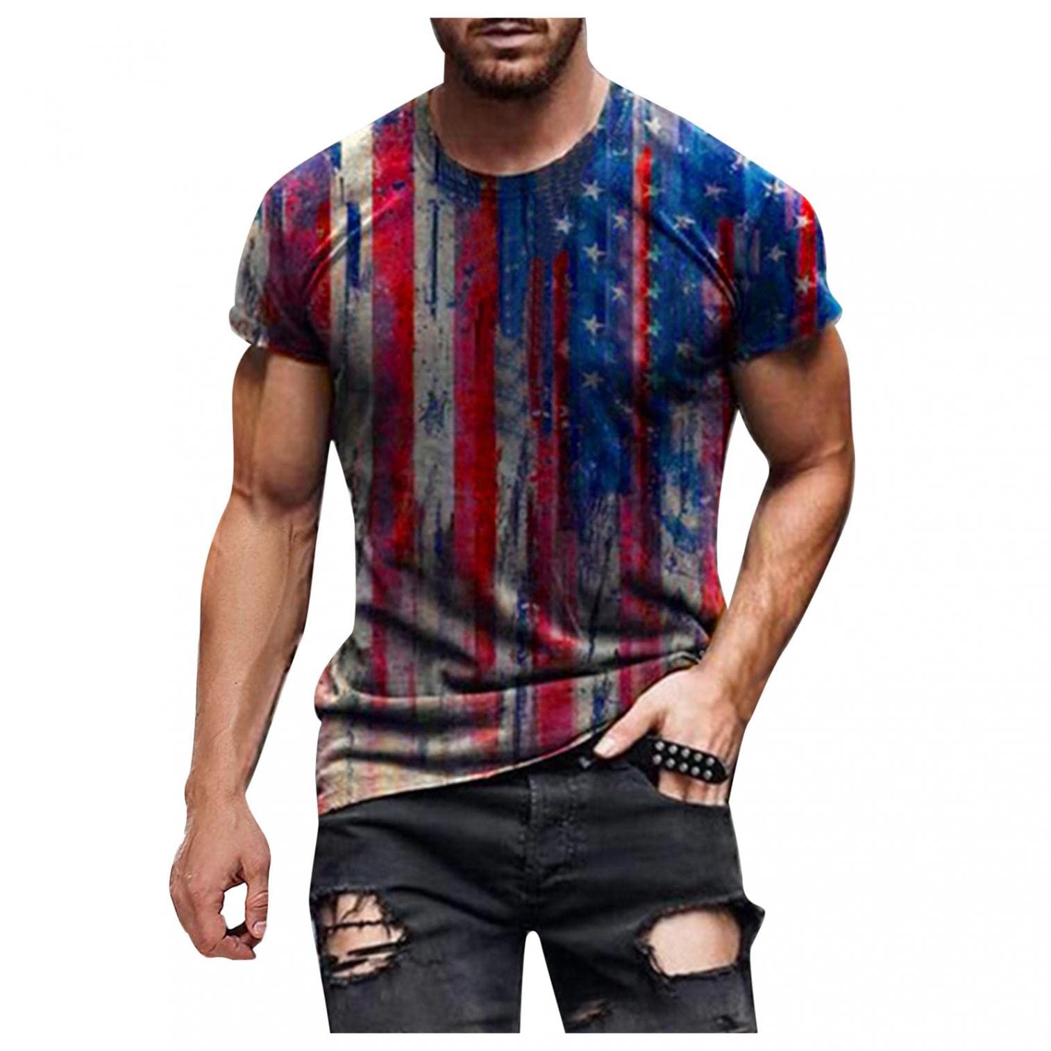 **Men's Graphic T-Shirts - USA Flag Print Short Sleeve Casual Tees for Summer | Comfortable & Stylish Cotton Blouse Tops for Everyday Wear, Outdoors & Travel**