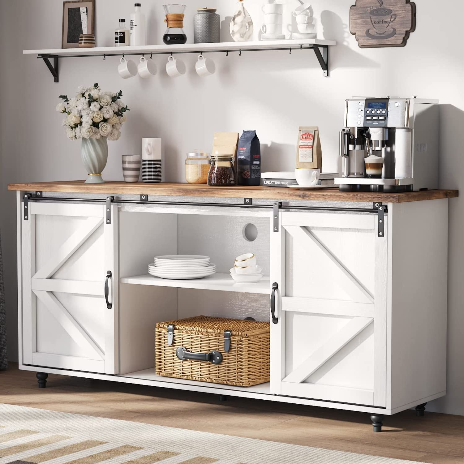 Farmhouse Coffee Bar Cabinet with Sliding Barn Door - Kitchen Buffet Sideboard Storage Cabinet with Adjustable Shelves - White Coffee Bar Table Cupboard for Kitchen, Dining Room & Living Room - Perfect for Entertaining Guests and Organizing Coffee Essentials