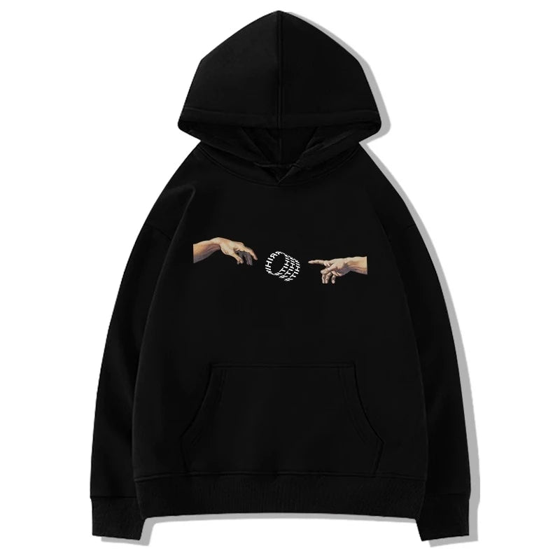 Stylish Black Printed Hooded Drawstring Loose Women's Hoodie - Solid Color Casual Basic Top in 5 Fashion Colors | Perfect for Streetwear, Gym, Lounge & Everyday Wear