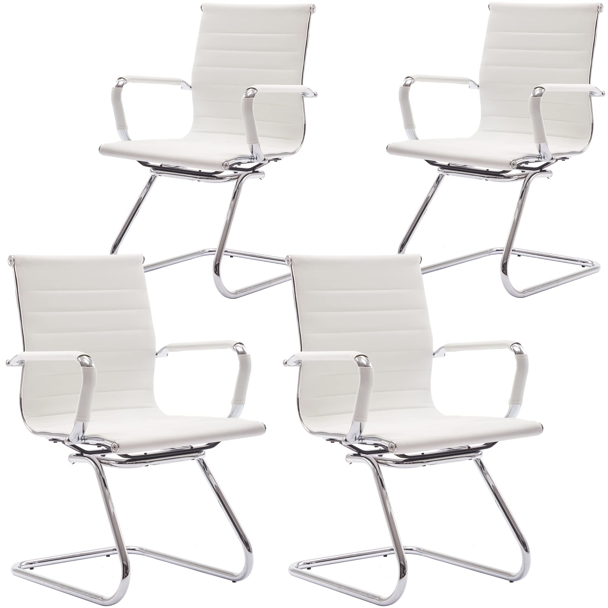 Wahson 4-Pack Office Guest Chairs - No Wheels Leather Mid Back Conference Chairs with Sled Base for Meeting Rooms, Lobby, Reception & Restroom - White (Perfect for Business Offices, Waiting Areas & Professional Spaces)