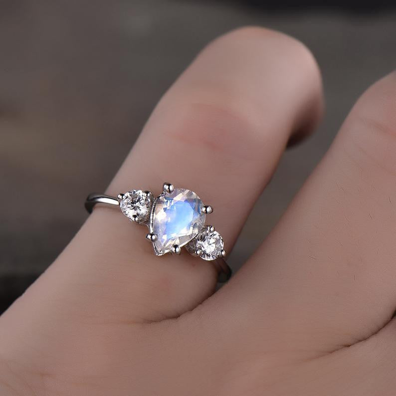 Vintage Pear Moonstone Engagement Ring for Women - 3 Stone Silver/White Gold Wedding Band - Perfect for Proposals, Anniversaries & Romantic Gifts
