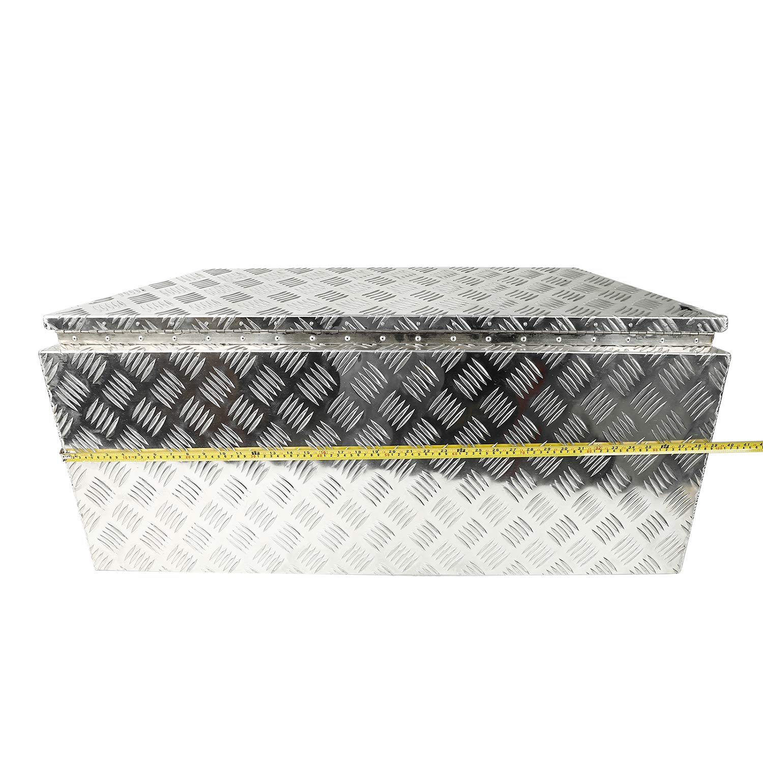 TYFYB 39x15.4x12 Inch Silver Aluminum Utility Trailer Tongue Tool Box with 5-Bar Tread - Heavy Duty Storage for ATV, UTV, Pickup Trucks & Trailers - Perfect for Camping, Farming & Outdoor Work