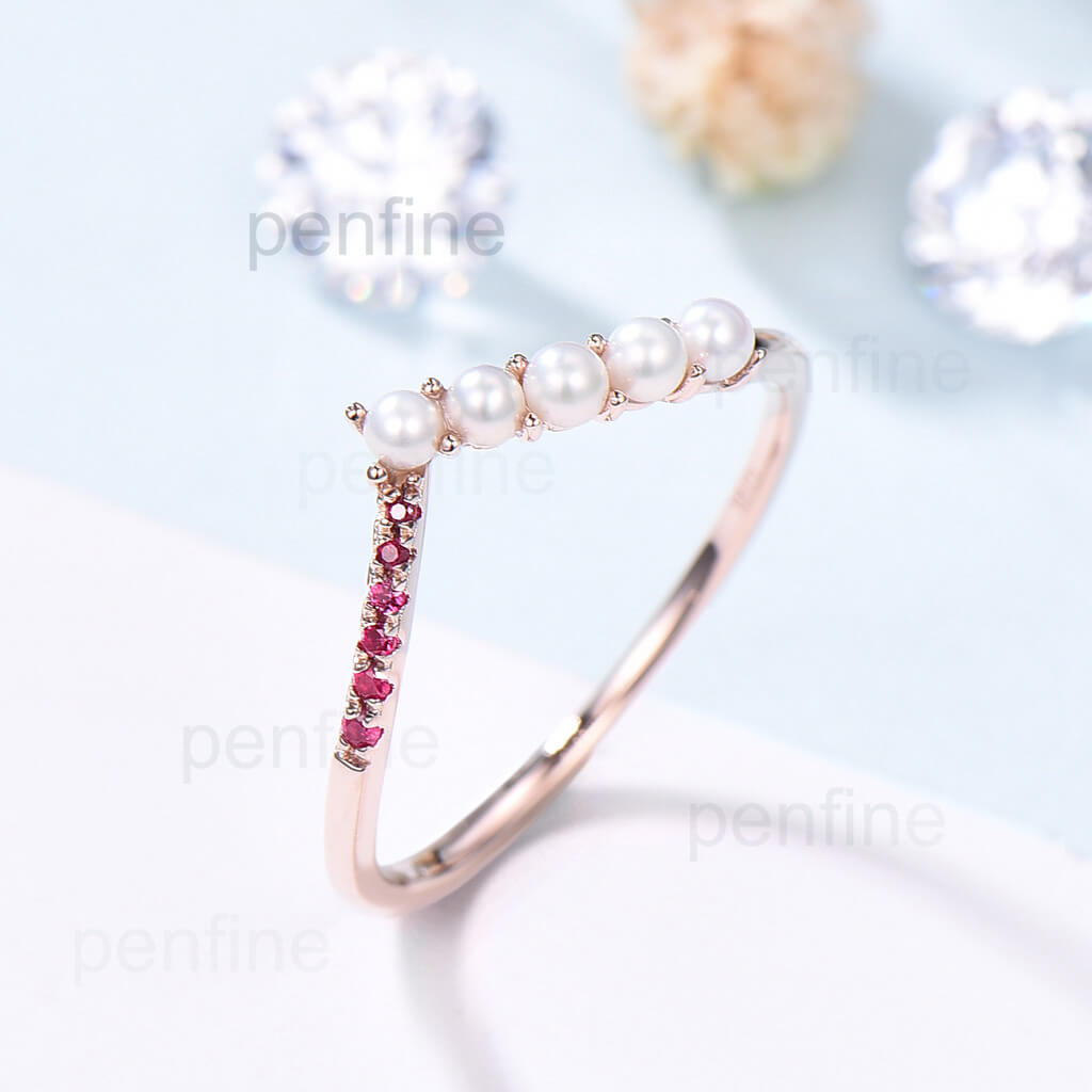 Elegant Minimalist Curved Ring with Ruby and Pearl - Perfect for Wedding Bands, Engagement Rings & Anniversary Gifts | Dainty Jewelry for Women