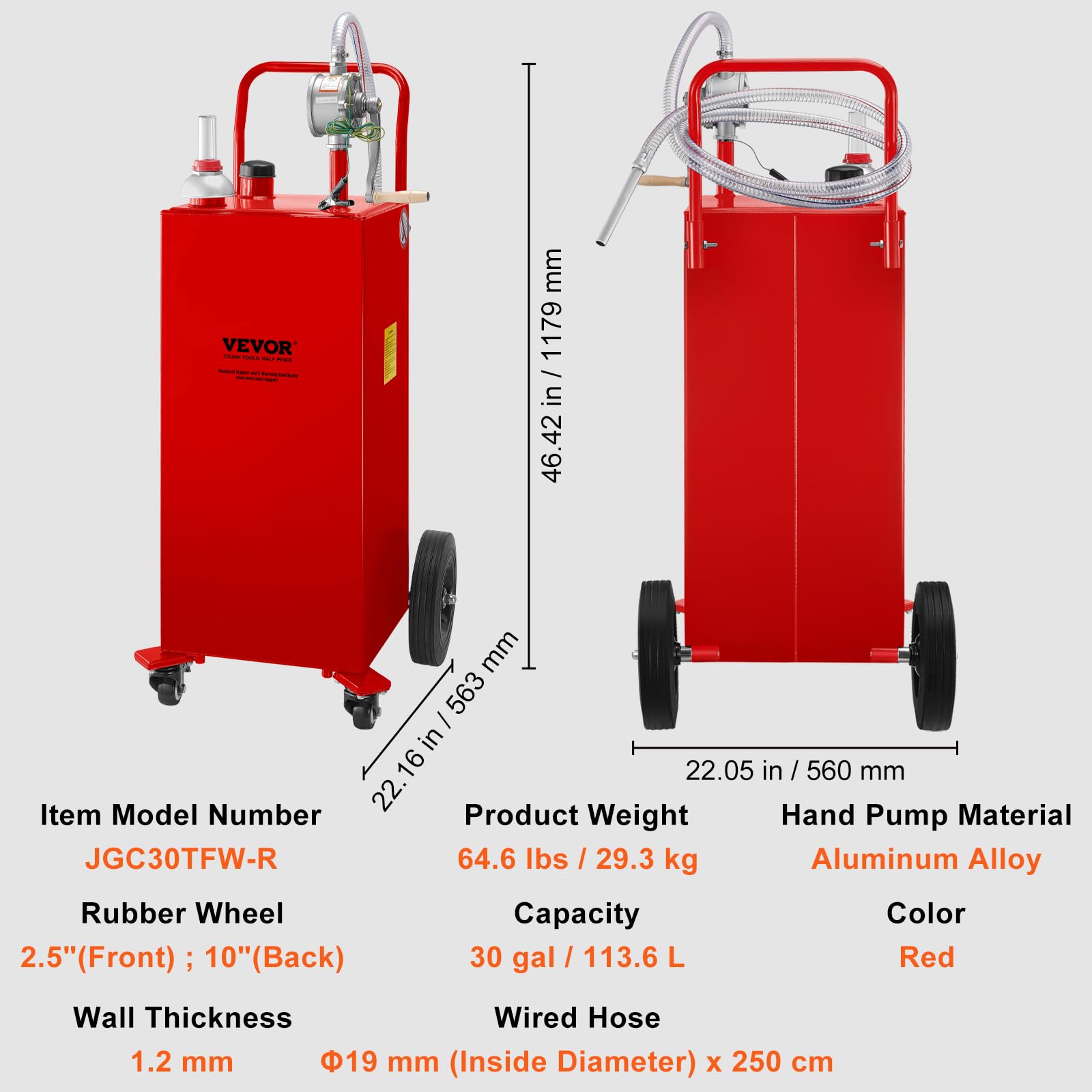VEVOR 30 Gallon Fuel Caddy with Manual Transfer Pump - Portable Gasoline & Diesel Storage Tank on 4 Wheels - Heavy Duty Fuel Container for Cars, Lawn Mowers, ATVs, Boats, Generators - Ideal for Home, Farm & Worksite Use