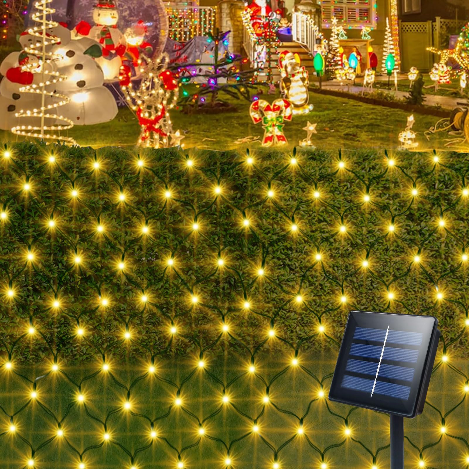 Solar Powered 200 LED 9.8Ft x 6.6Ft Outdoor Net Lights - Dark Green Wire with Auto On/Off & 8 Lighting Modes - Waterproof Mesh Lights for Bushes, Shrubs, Lawn, Garden, Patio, and Holiday Decorations (Warm White)
