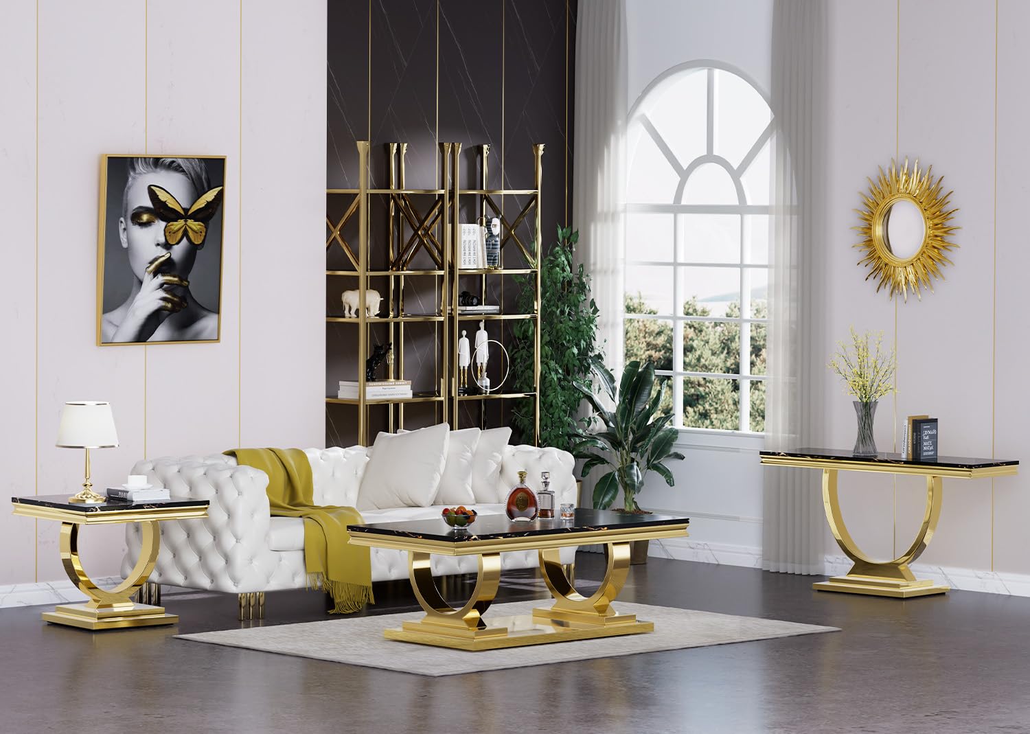 Goujxcy 3-Piece Marble Coffee Table Set - Black & Gold Stainless Steel Frame, 1 Rectangular Coffee Table & 2 Square End Tables - Modern Living Room Furniture for Apartment, Office, Lounge & Entertainment Areas