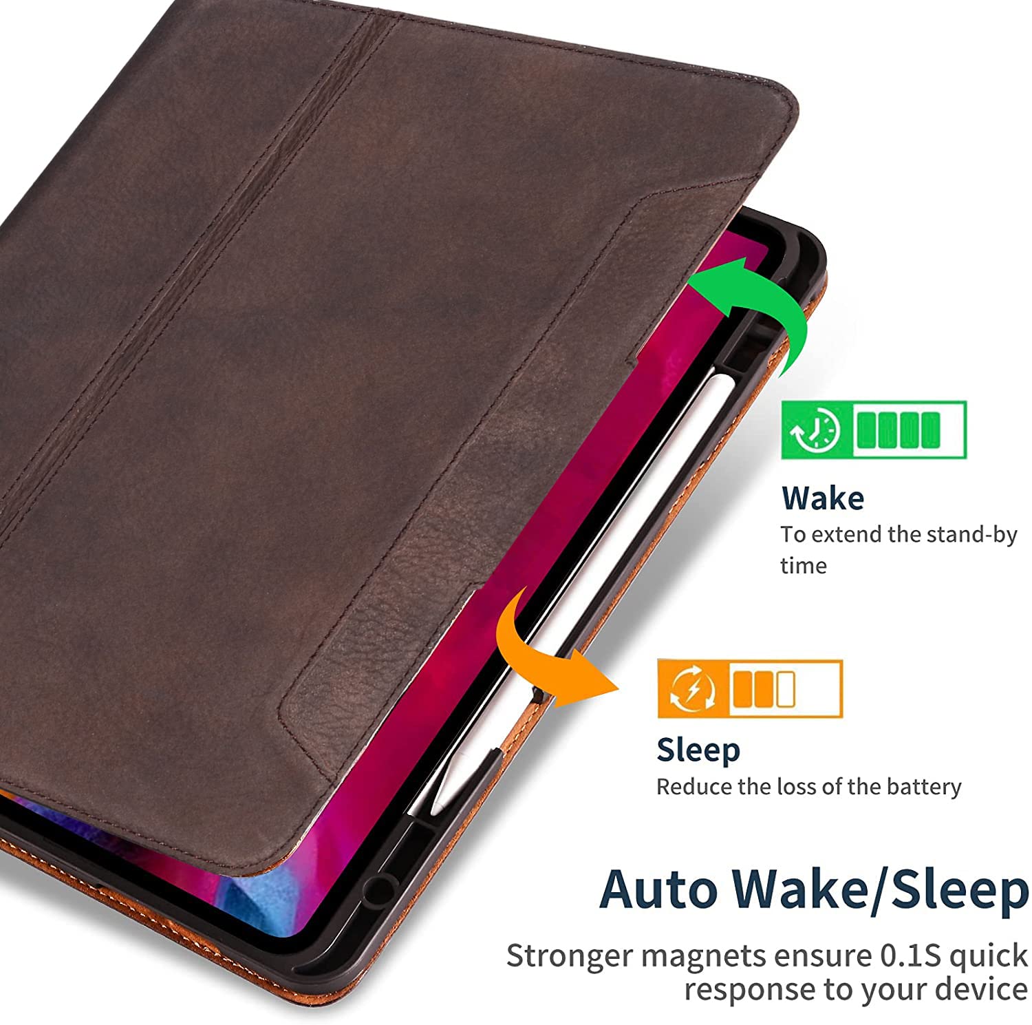 Genuine Leather iPad Mini 7 Case (2024) & iPad Mini 6 Case (2021) - 8.3 Inch Magnetic Cover with Pencil Holder & Wireless Charging | Shockproof Cowhide Protective Case in Sand Dark Brown | Perfect for Work, Travel & Everyday Use