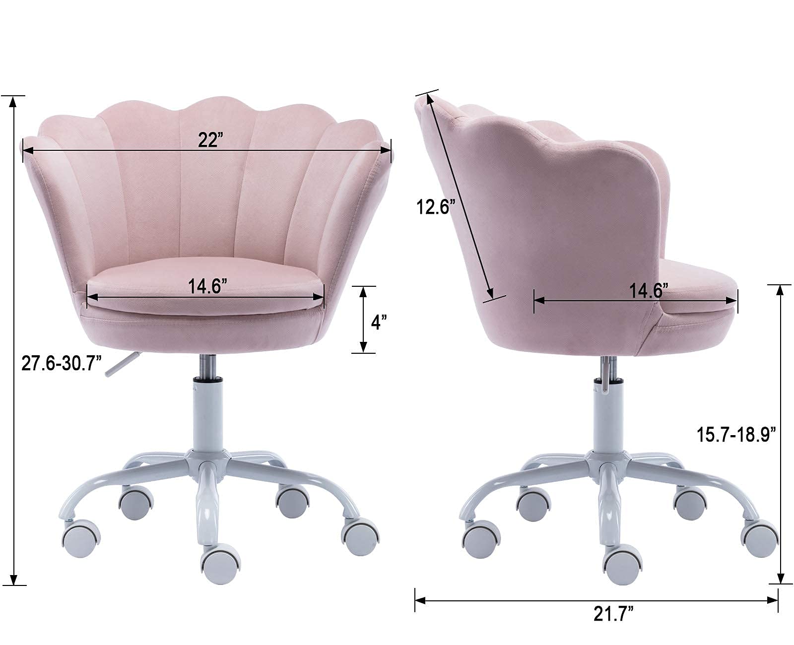 Velvet Swivel Accent Chair for Kids - Adjustable Study Desk Chair with Seashell Back, Pink Upholstered Vanity Chair for Teens' Bedroom, Living Room & Homework Station - Perfect for Computer Work, Reading & Study Sessions