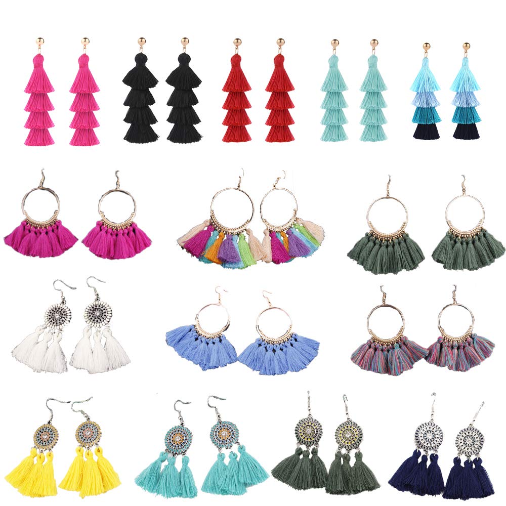 TOPIA STAR 15 Pairs Bohemian Tassel Earrings for Women - Long Layered Thread Ball Dangle Drop Earrings Fashion Jewelry for Girls, Valentine's Day, Birthday & Party Gifts | Perfect for Boho Chic Outfits, Festivals and Special Occasions
