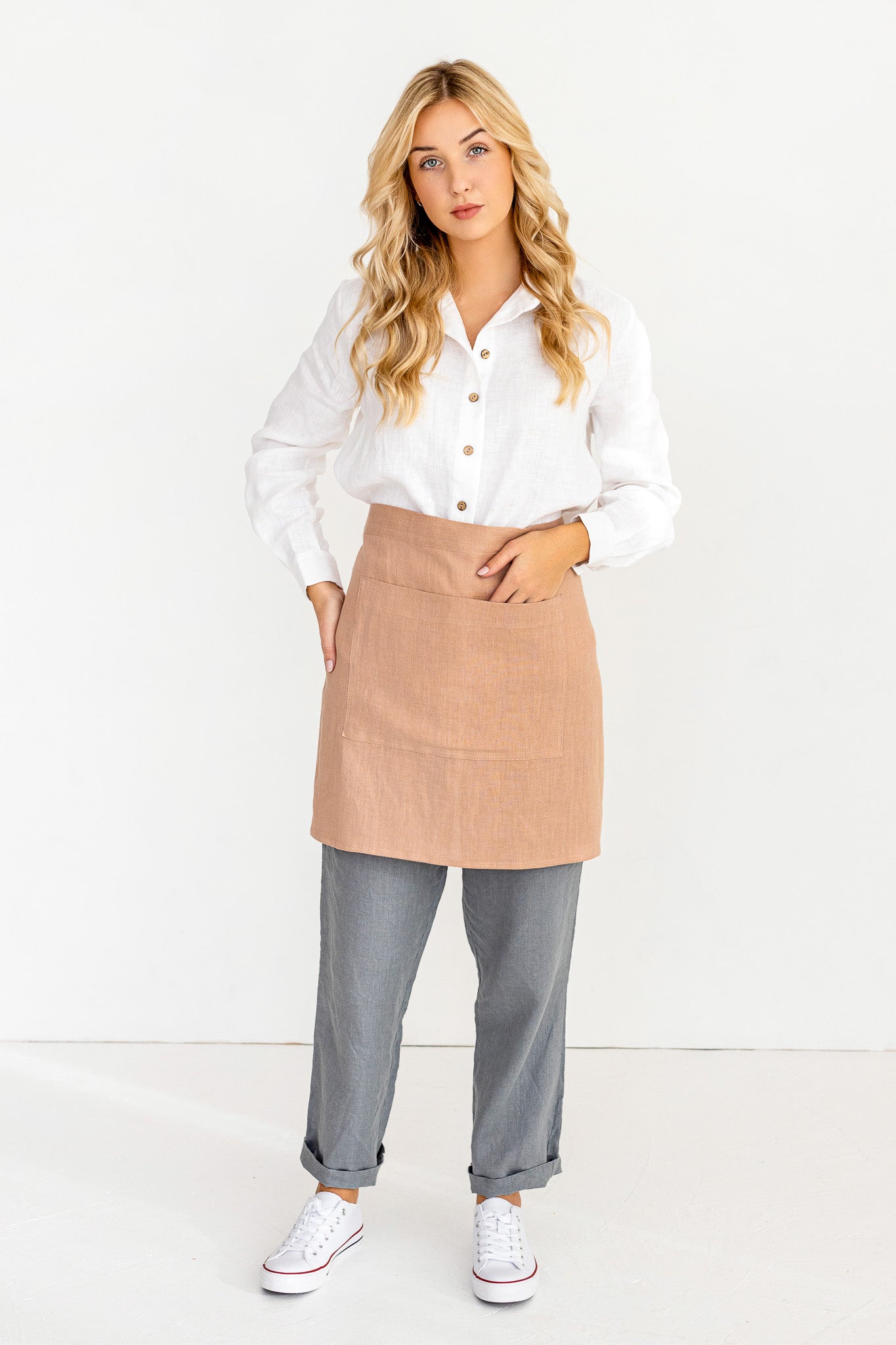 Premium Linen Half Apron in Soft Powder Color - Elegant & Durable Kitchen Apron for Cooking, Baking, Grilling & Hosting - Perfect for Chefs, Home Cooks & BBQ Enthusiasts