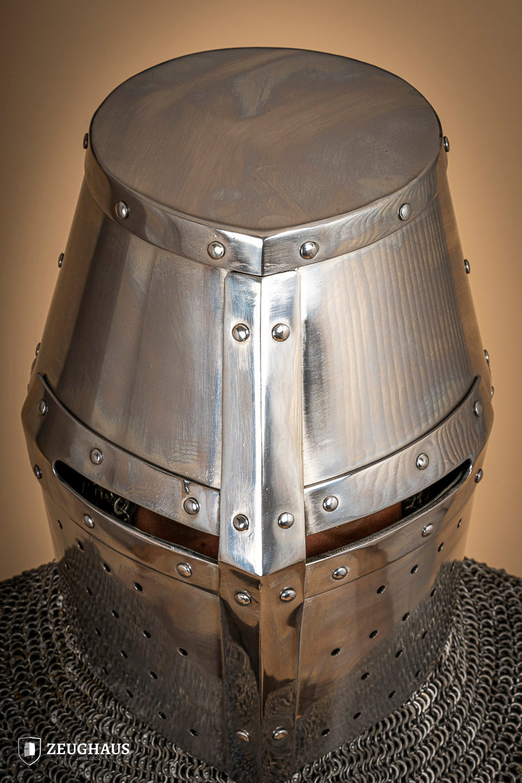 Medieval Crusader Great Helmet - 1.6mm Polished Steel Knight Helmet for LARP, Cosplay & Historical Reenactment - Perfect for Renaissance Fairs, Theater Performances & Collectors