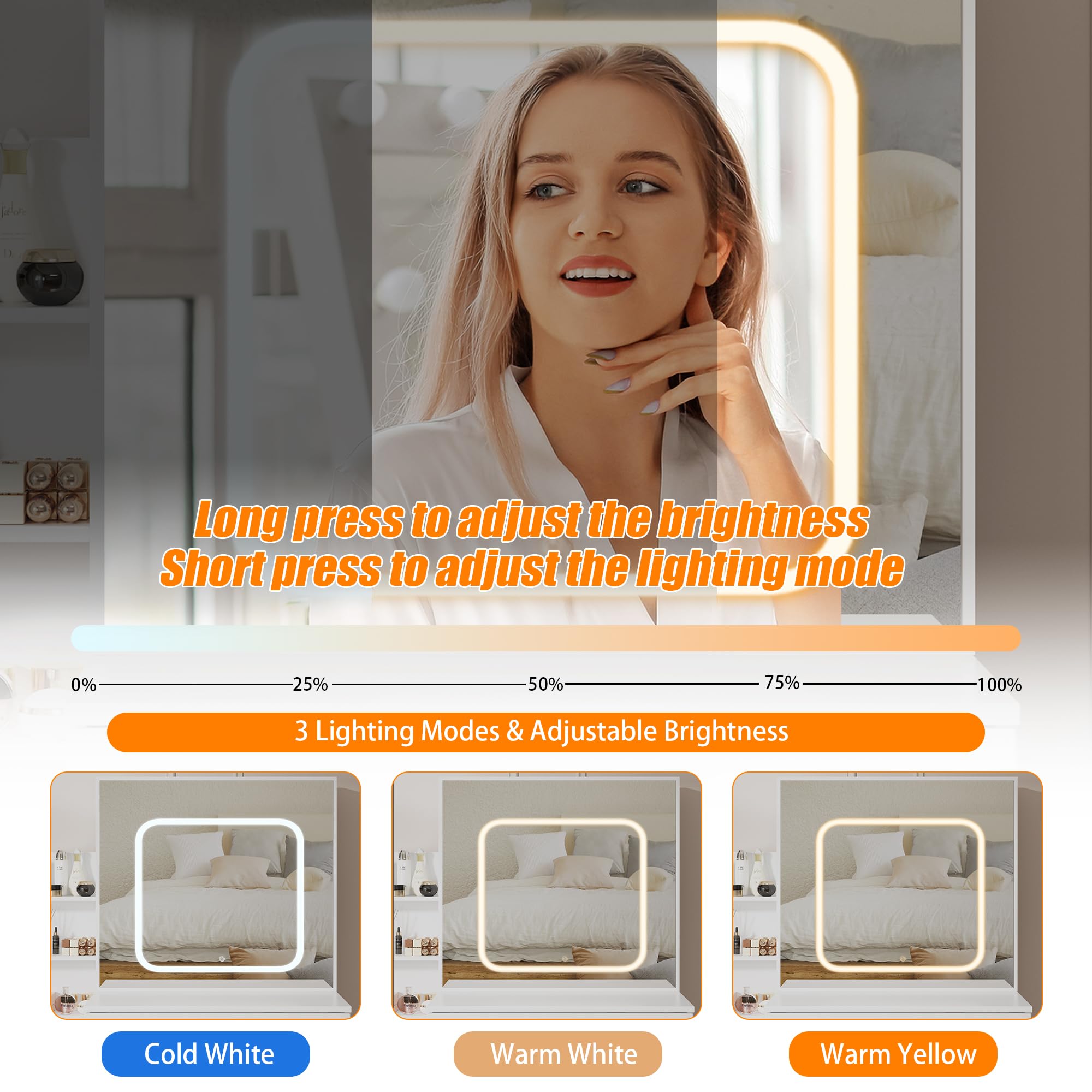 Vanity Desk with LED Lights & Mirror, Makeup Dressing Table with Sliding Lighted Mirror, Power Outlet, 4 Drawers & Storage Shelves, Includes Cushioned Stool - Perfect for Bedroom, Home Salon & Beauty Room (White)
