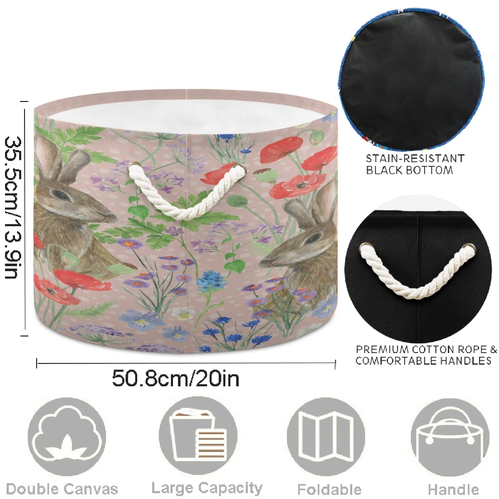 Visesunny Collapsible Fabric Storage Basket - Beautiful Floral Bunny Design for Laundry, Toys & Clothes | Perfect for Bathroom, Bedroom, Nursery, Closet & Office Organization | Foldable Storage Bin with Handles for Easy Space Saving
