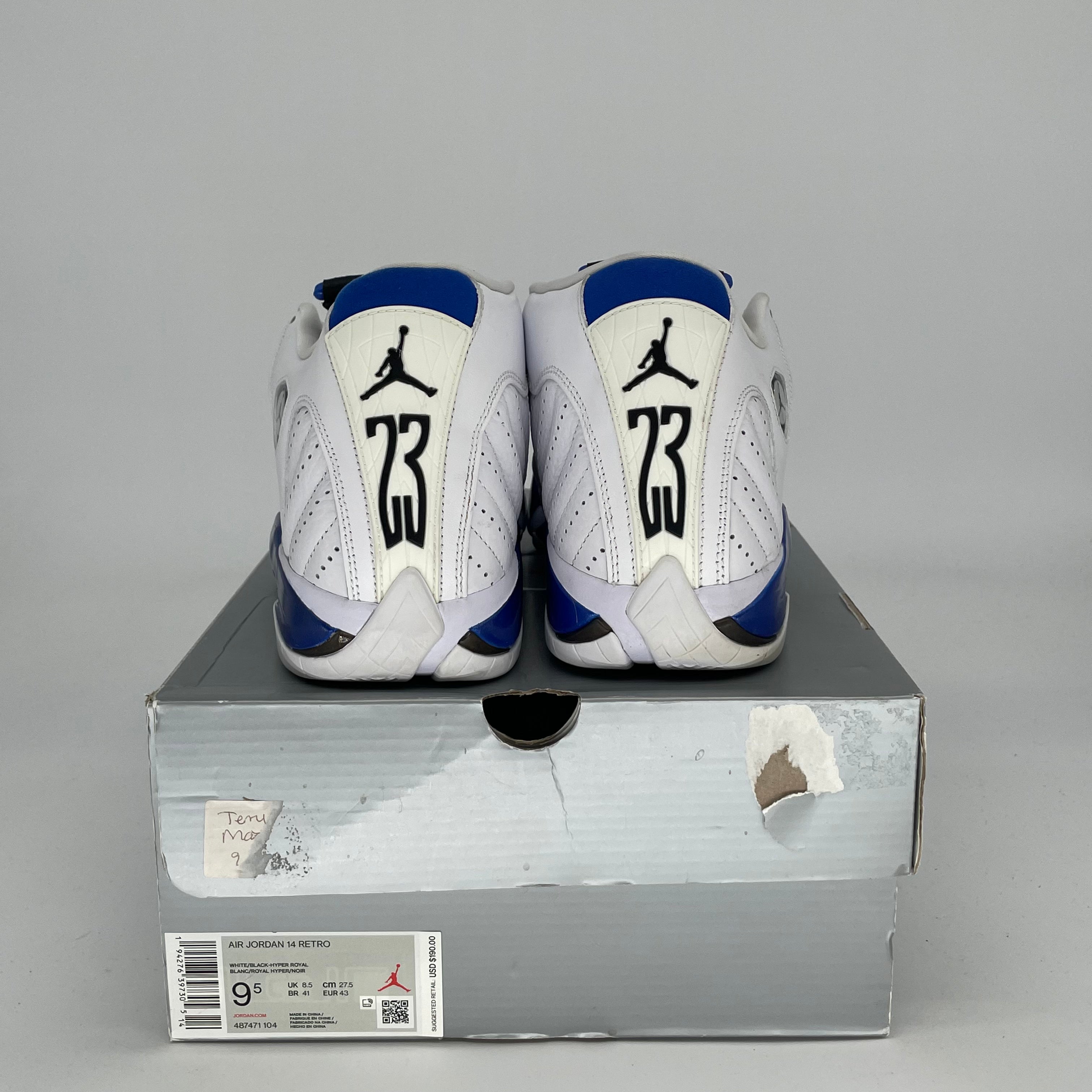 AIR JORDAN 14 Retro Sneakers - White Hyper Royal Basketball Shoes - Men's Size 9.5/Women's 11 - Style Code 487471-104 - Perfect for Streetwear & Court Performance