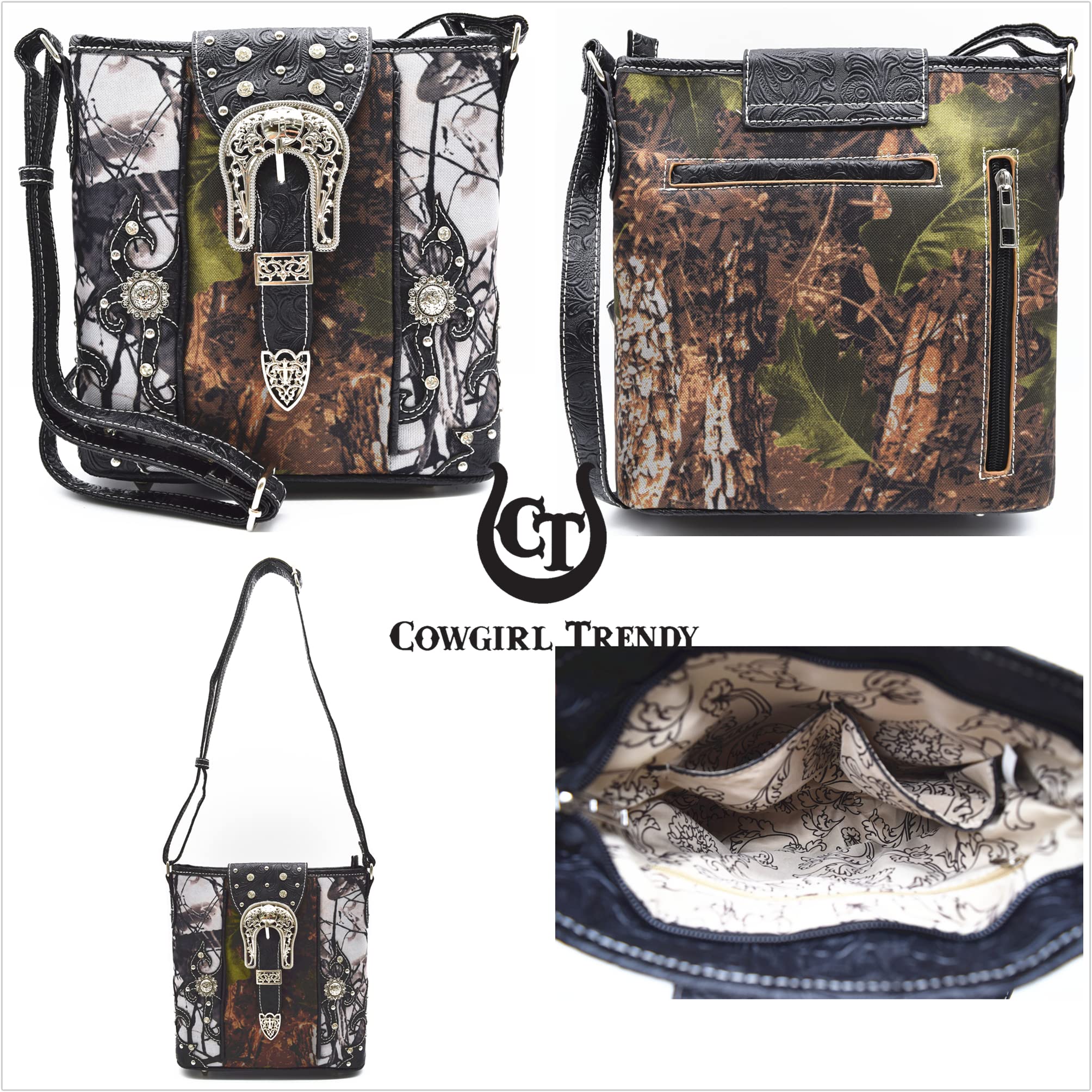Western Style Camouflage Crossbody Handbag with Concho Buckle & Floral Tooling - Women's Shoulder Purse with Studs & Matching Wallet Set - Perfect for Country Concerts, Rodeos & Western Fashion Outfits